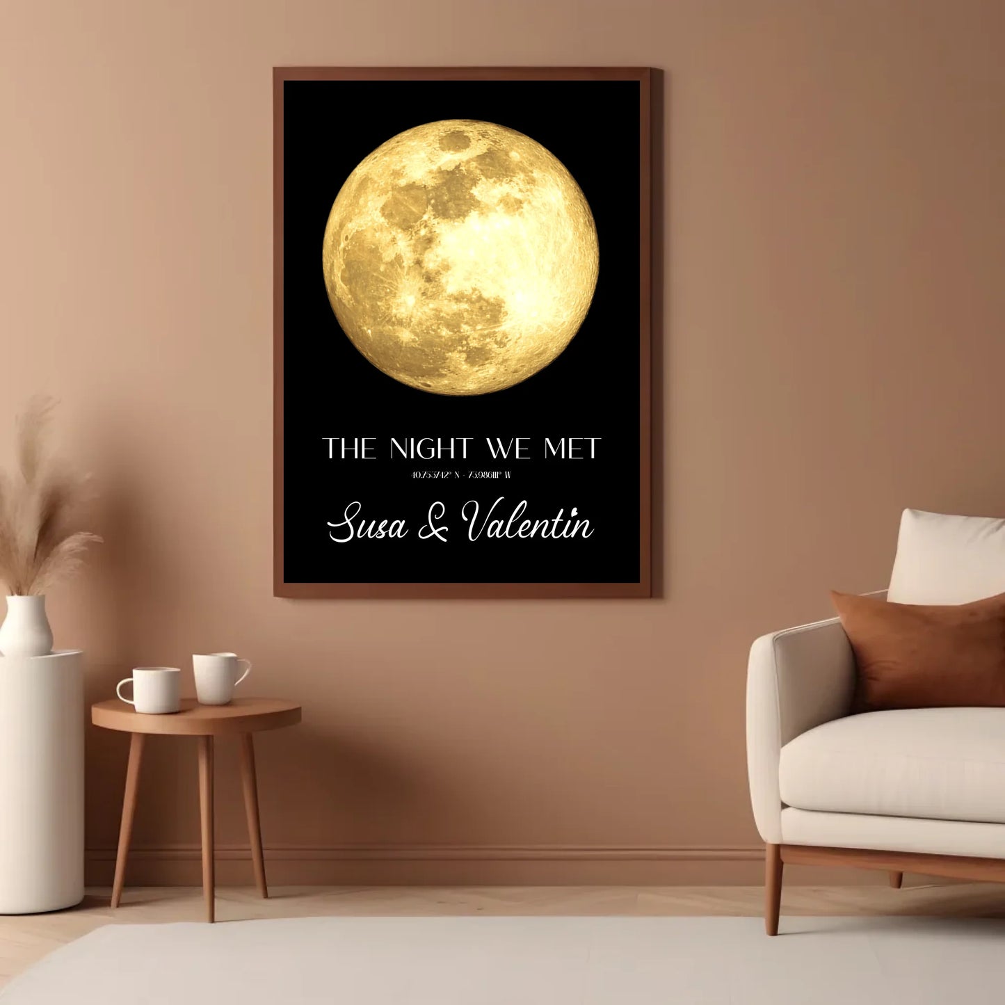 Personalisierte Mondkarte auf schwarz - Persönliche Koordinaten nach Ort und Datum - Mond in blau, silber und gold verfügbar - Design kann individuell angepasst werden -