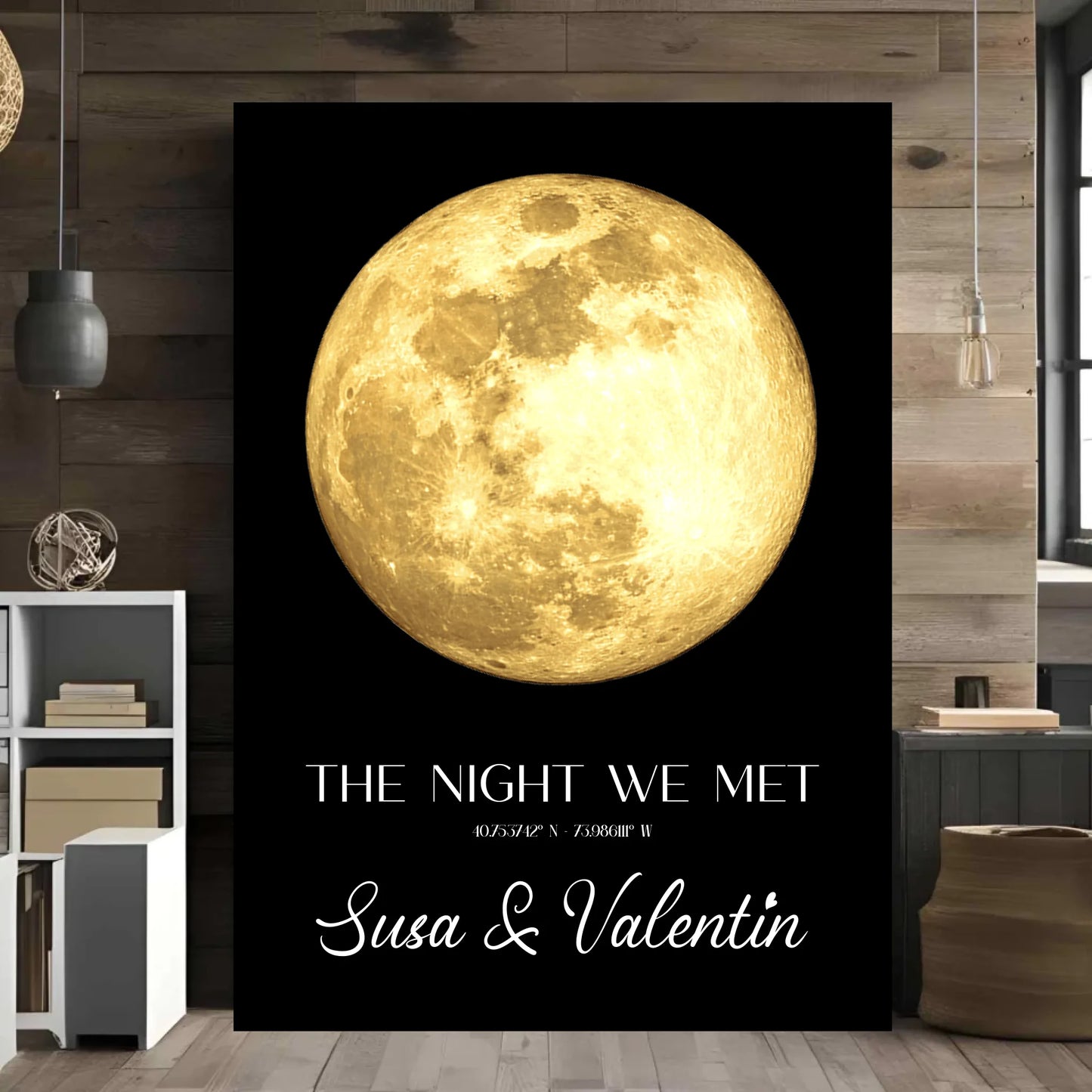 Personalisierte Mondkarte auf schwarz - Persönliche Koordinaten nach Ort und Datum - Mond in blau, silber und gold verfügbar - Design kann individuell angepasst werden - Motiv Druck mit Premium Semi-Glossy Poster - halbglänzend auf nachhaltigem Papier halbglänzend