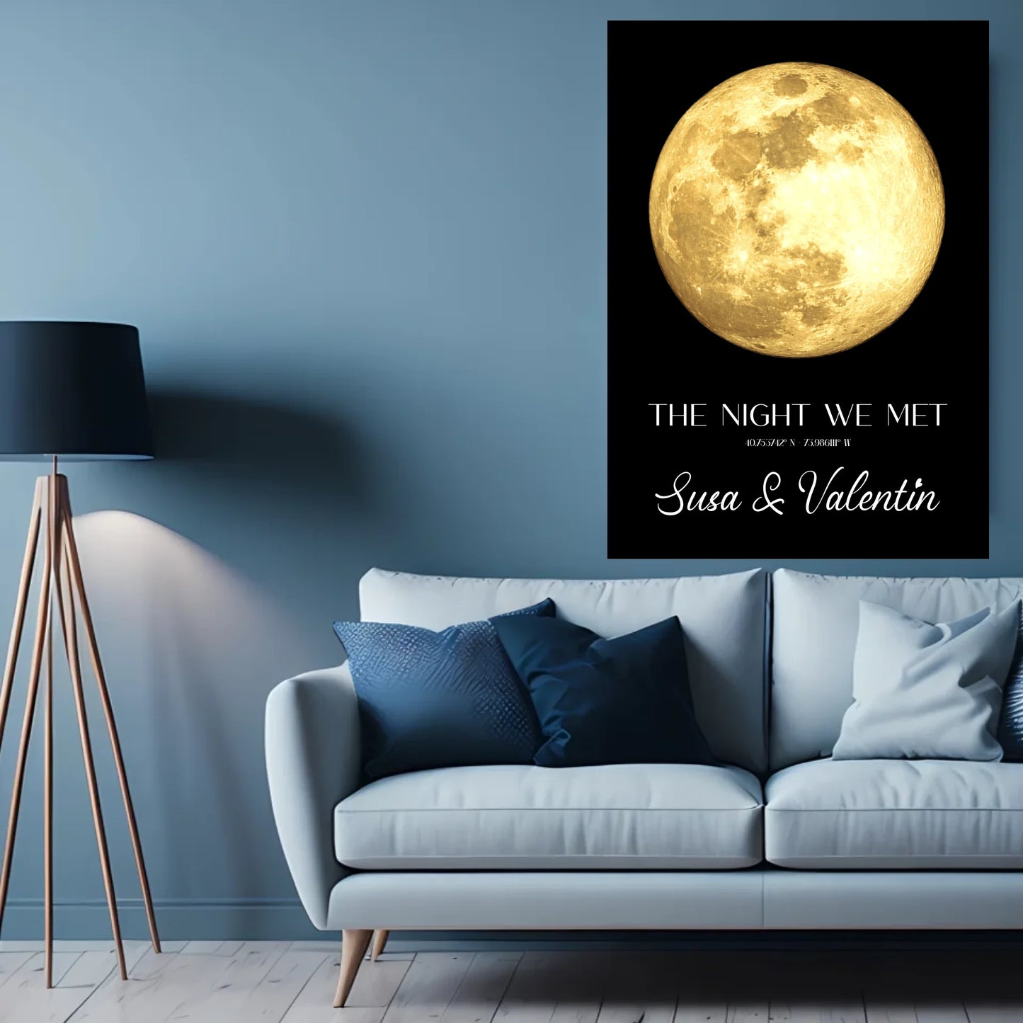 Personalisierte Mondkarte auf schwarz - Persönliche Koordinaten nach Ort und Datum - Mond in blau, silber und gold verfügbar - Design kann individuell angepasst werden -