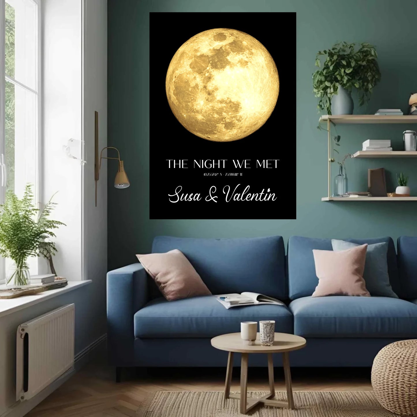 Personalisierte Mondkarte auf schwarz - Persönliche Koordinaten nach Ort und Datum - Mond in blau, silber und gold verfügbar - Design kann individuell angepasst werden -