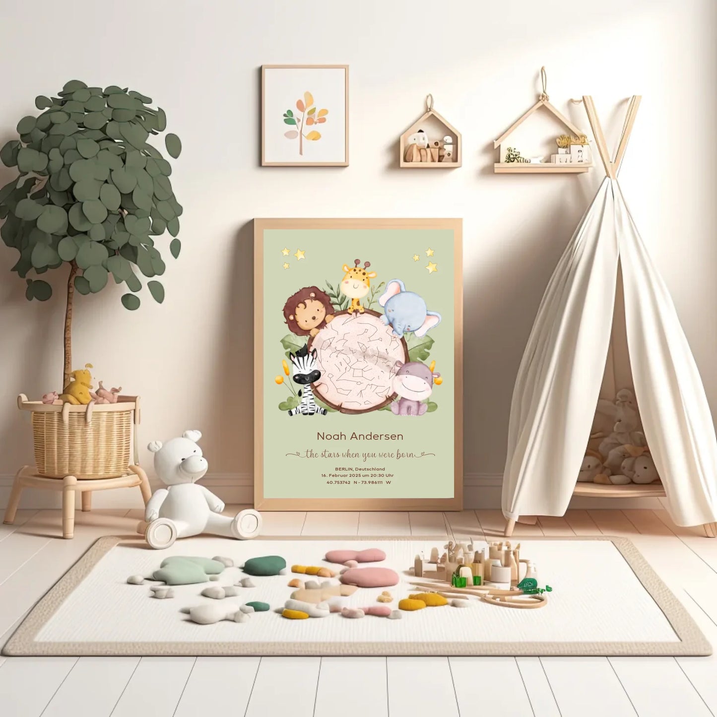Personalisiertes Sternenbild mit Safari Tiere auf salbei - Motiv Druck mit Premium Semi-Glossy Poster - halbglänzend auf nachhaltigem Papier halbglänzend