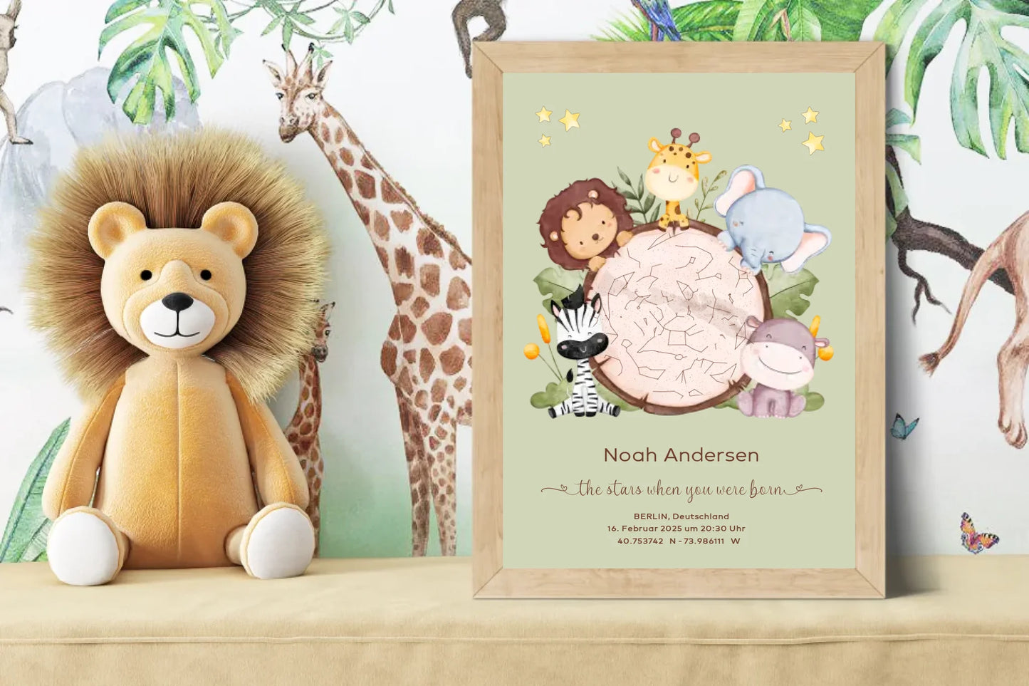 Personalisiertes Sternenbild mit Safari Tiere auf salbei -