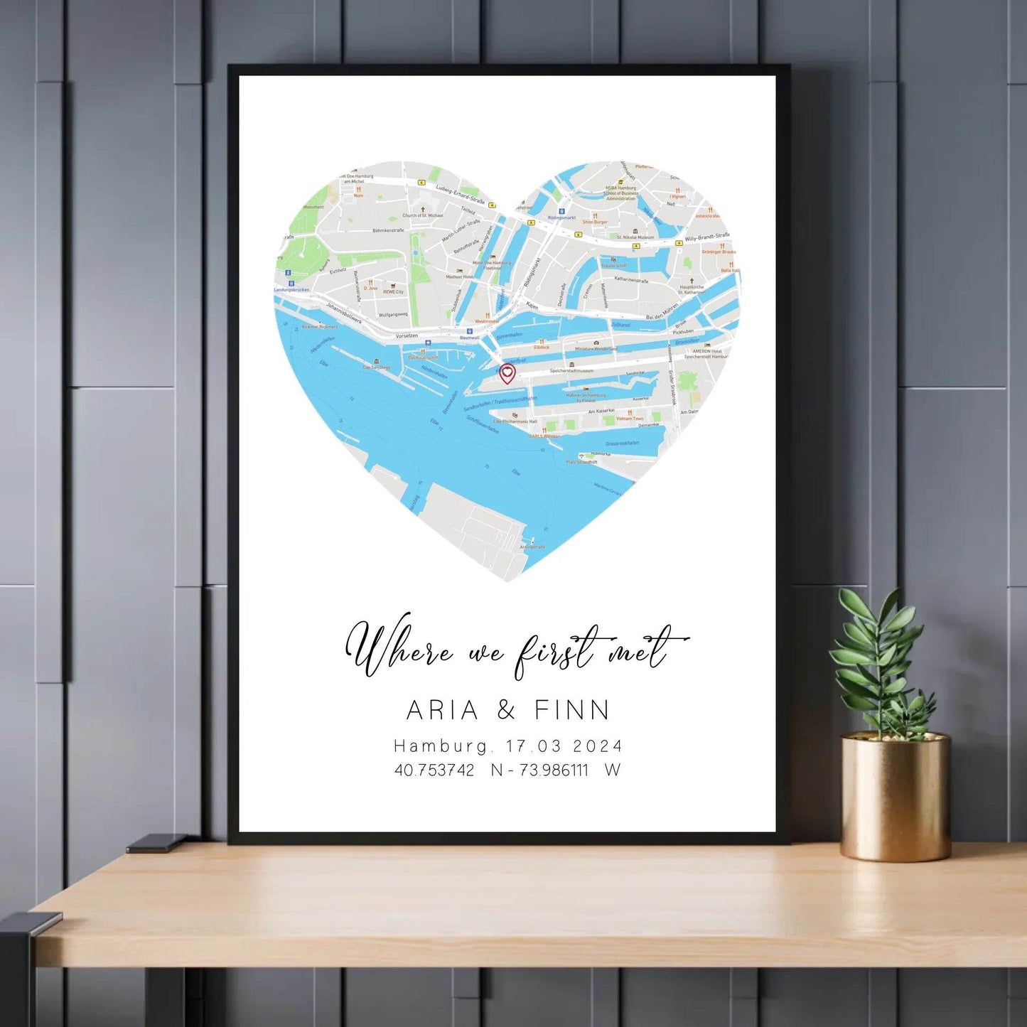 happy-prints.eu - Personalisierte Straßenkarte in Herz - mit Spruch, Namen, Ort, Datum und Koordinaten