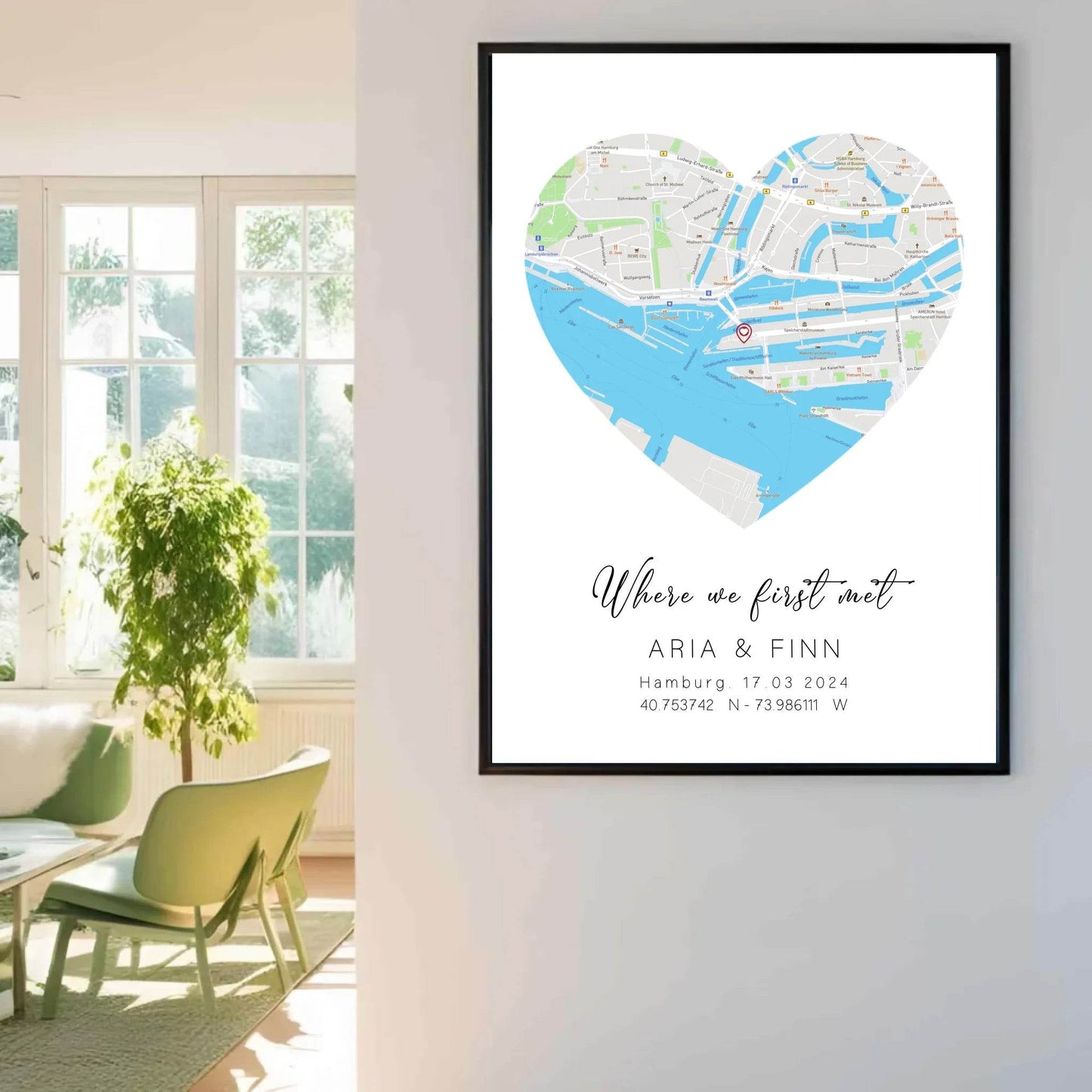 happy-prints.eu - Personalisierte Straßenkarte in Herz - mit Spruch, Namen, Ort, Datum und Koordinaten