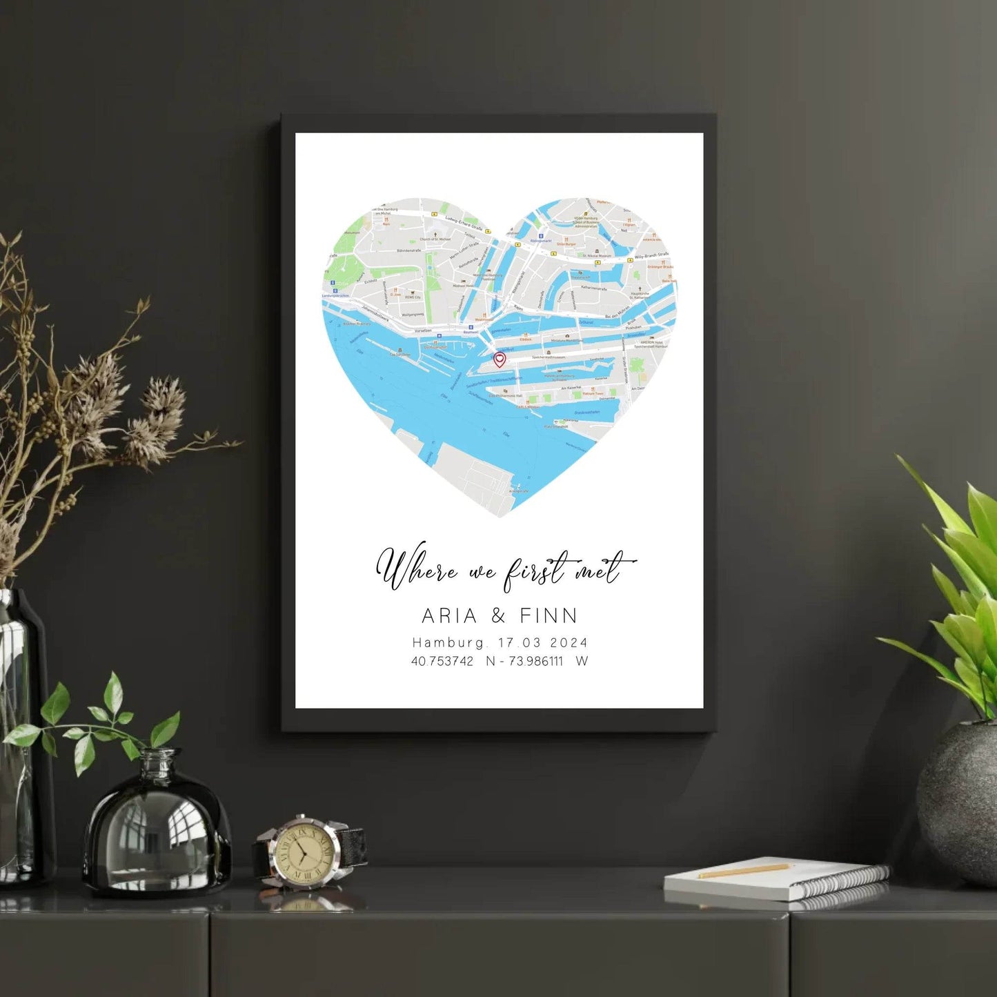 happy-prints.eu - Personalisierte Straßenkarte in Herz - mit Spruch, Namen, Ort, Datum und Koordinaten