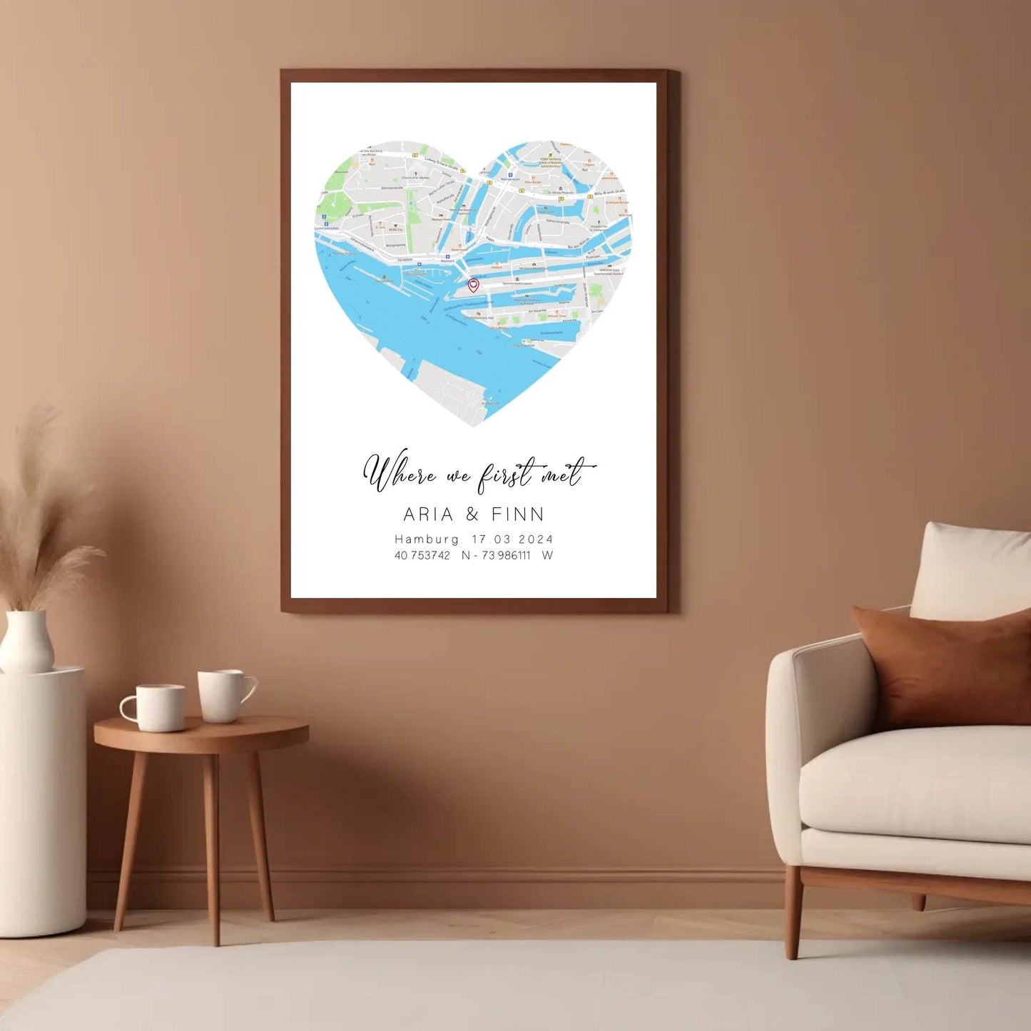 happy-prints.eu - Personalisierte Straßenkarte in Herz - mit Spruch, Namen, Ort, Datum und Koordinaten
