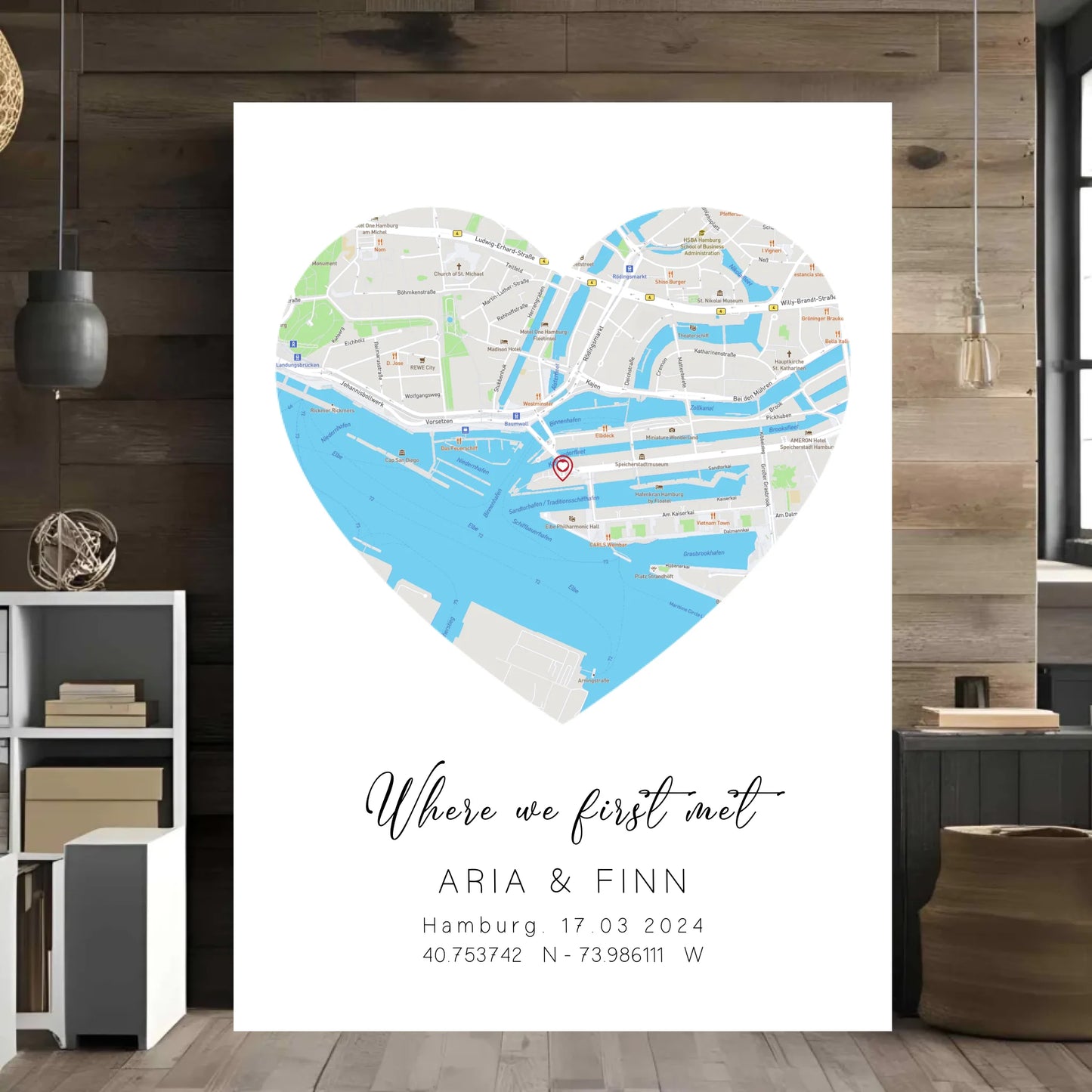 Personalisierte Straßenkarte in Herz - mit Spruch, Namen, Ort, Datum und Koordinaten - Motiv Druck mit Premium Semi-Glossy Poster - halbglänzend auf nachhaltigem Papier halbglänzend