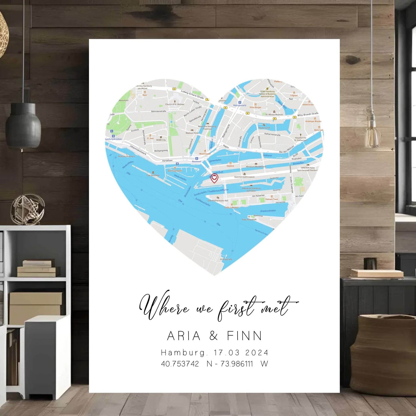 happy-prints.eu - Personalisierte Straßenkarte in Herz - mit Spruch, Namen, Ort, Datum und Koordinaten