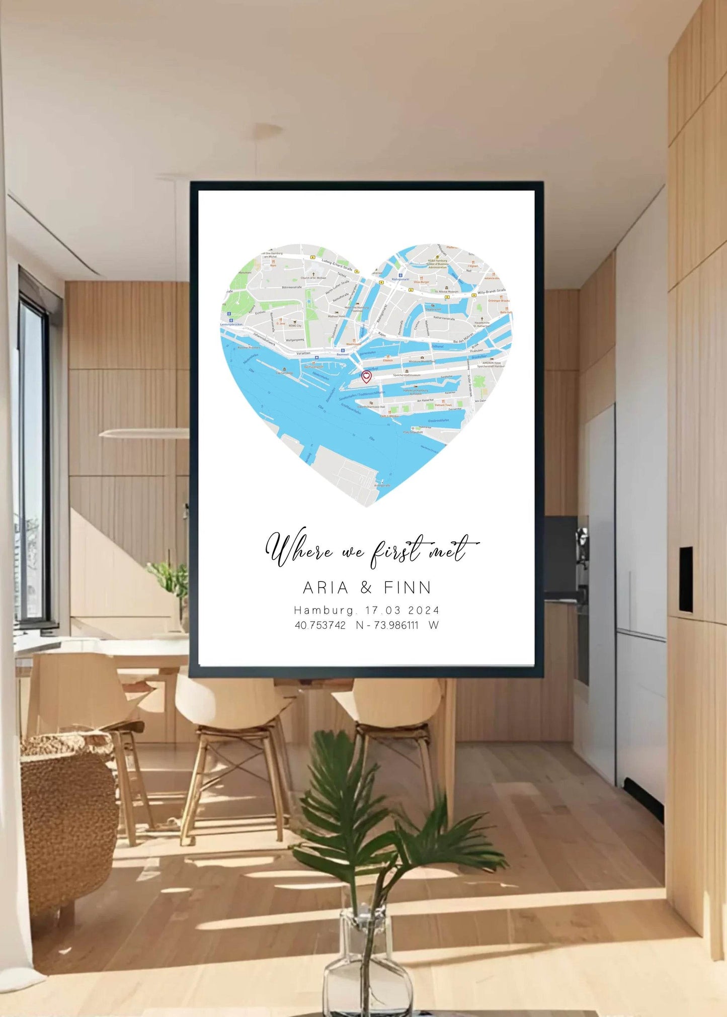 happy-prints.eu - Personalisierte Straßenkarte in Herz - mit Spruch, Namen, Ort, Datum und Koordinaten