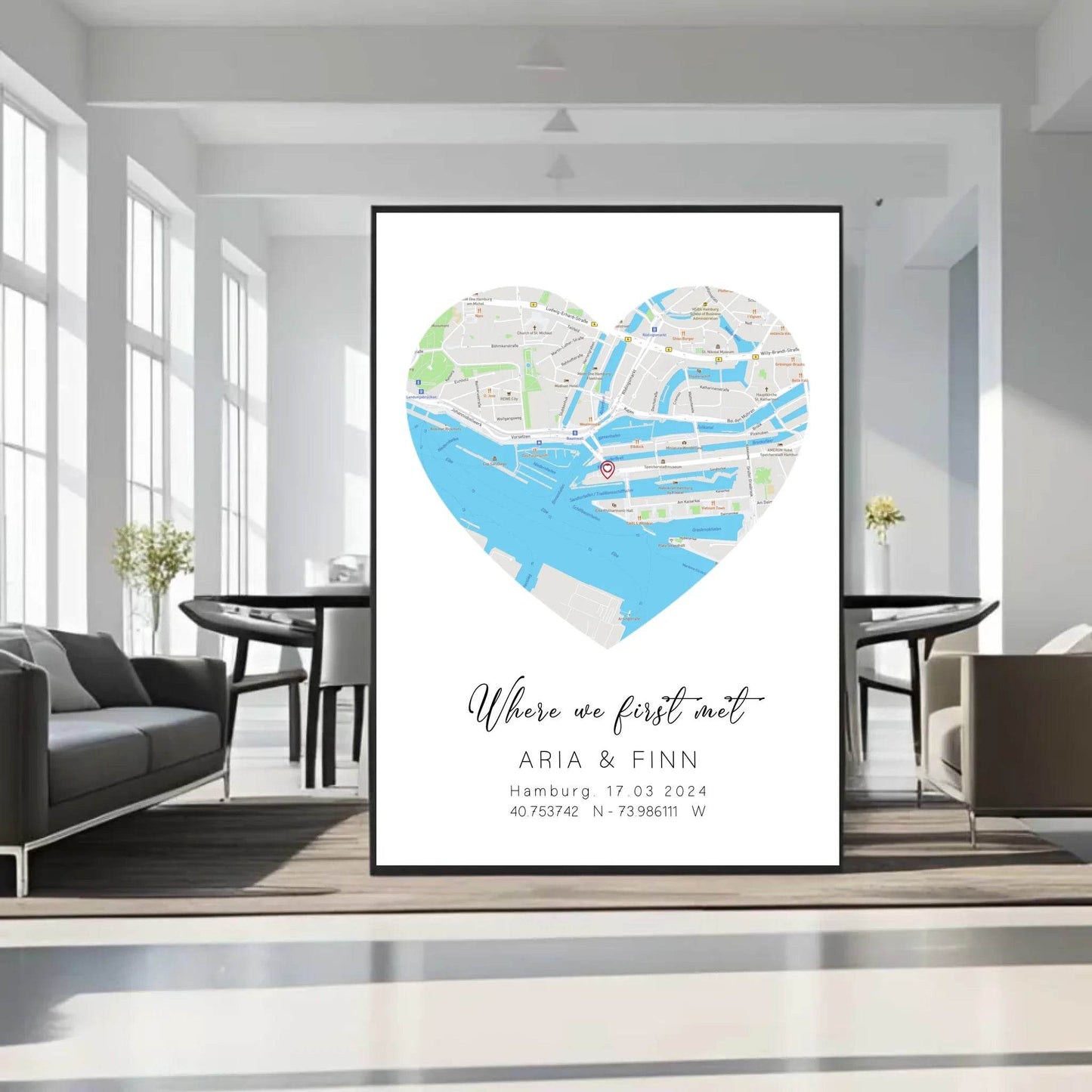 happy-prints.eu - Personalisierte Straßenkarte in Herz - mit Spruch, Namen, Ort, Datum und Koordinaten