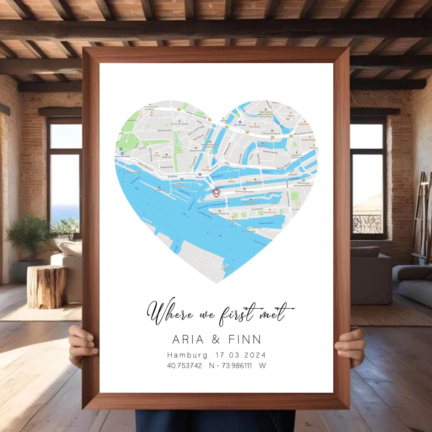 happy-prints.eu - Personalisierte Straßenkarte in Herz - mit Spruch, Namen, Ort, Datum und Koordinaten