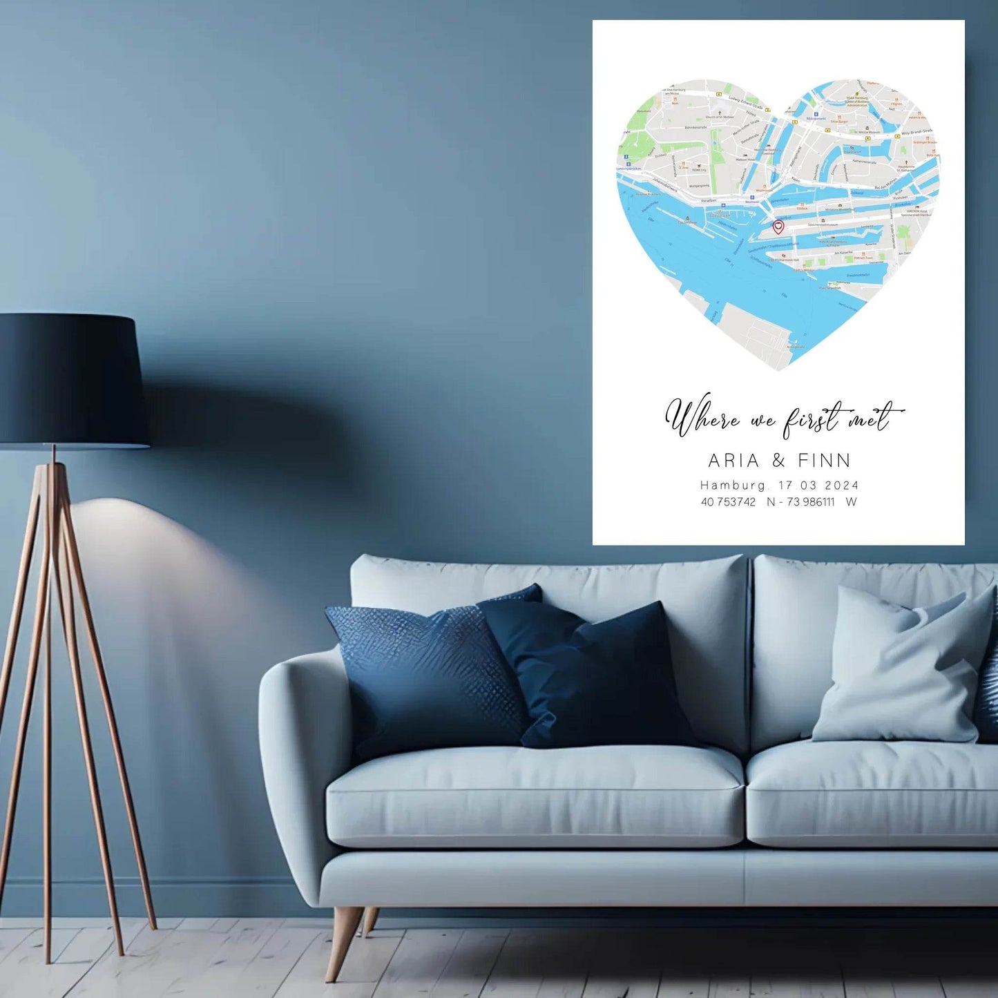 happy-prints.eu - Personalisierte Straßenkarte in Herz - mit Spruch, Namen, Ort, Datum und Koordinaten