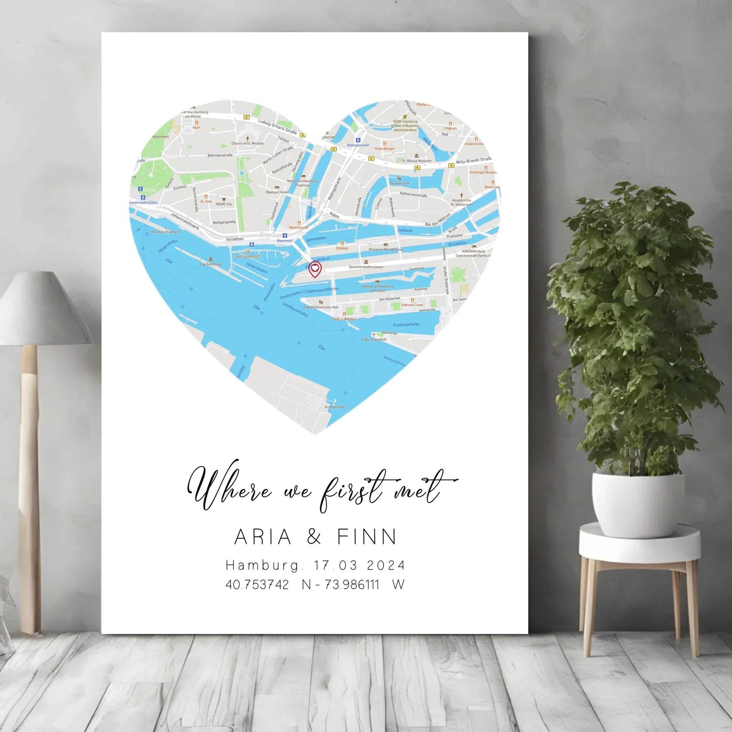 happy-prints.eu - Personalisierte Straßenkarte in Herz - mit Spruch, Namen, Ort, Datum und Koordinaten
