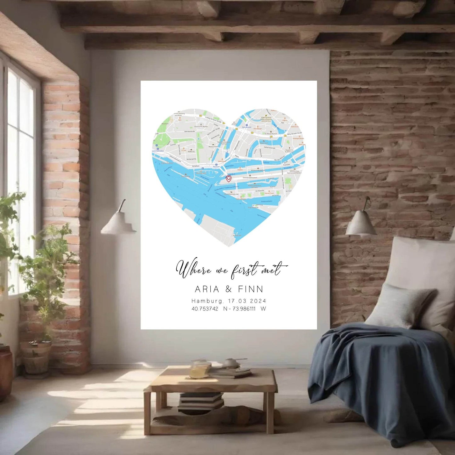 happy-prints.eu - Personalisierte Straßenkarte in Herz - mit Spruch, Namen, Ort, Datum und Koordinaten