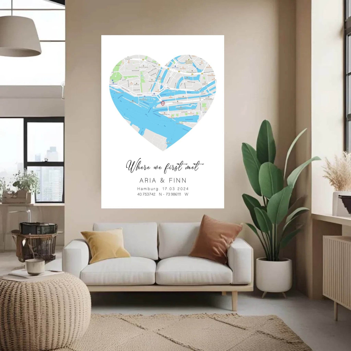 happy-prints.eu - Personalisierte Straßenkarte in Herz - mit Spruch, Namen, Ort, Datum und Koordinaten