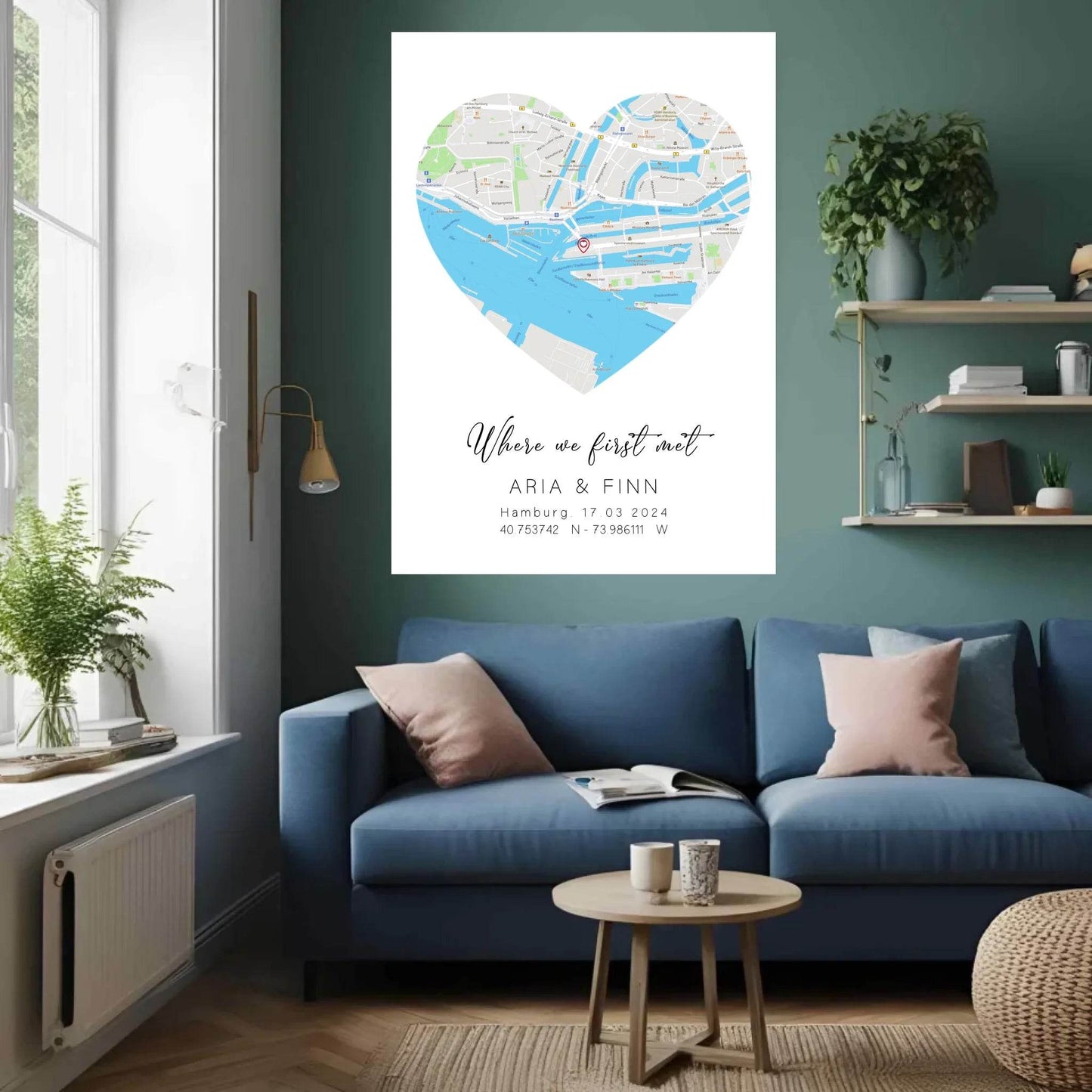 happy-prints.eu - Personalisierte Straßenkarte in Herz - mit Spruch, Namen, Ort, Datum und Koordinaten