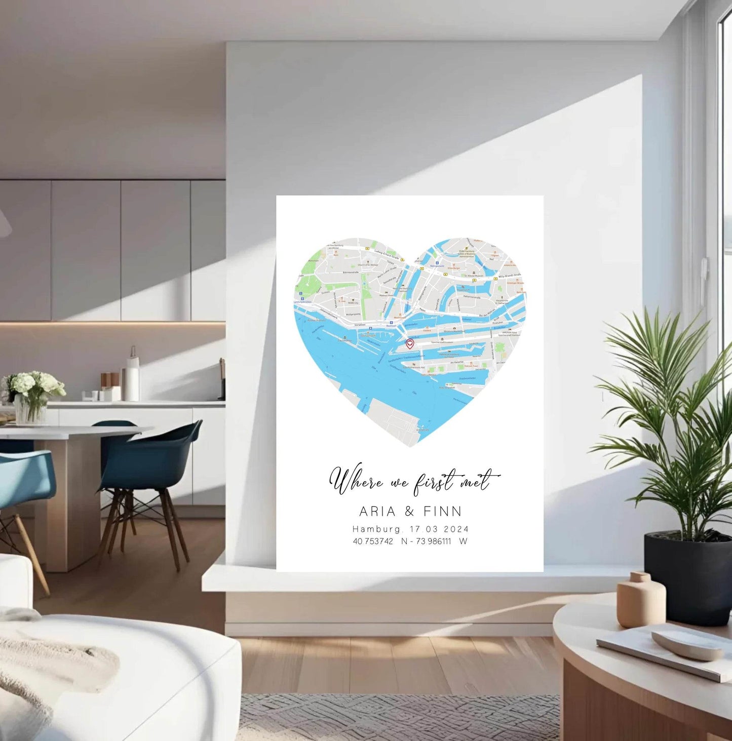 happy-prints.eu - Personalisierte Straßenkarte in Herz - mit Spruch, Namen, Ort, Datum und Koordinaten