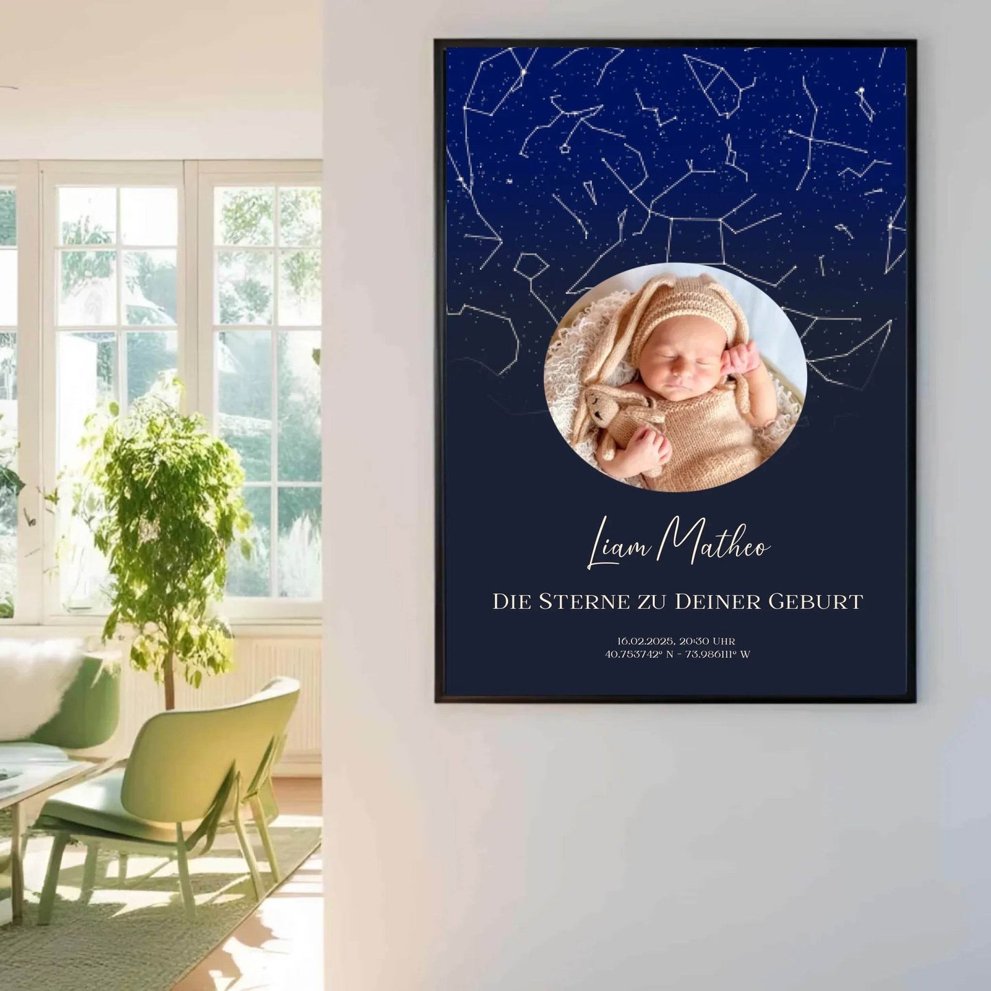 happy-prints.eu - Personalisiertes Sternebild für Neugeborene - Sterne am Nachthimmel zur Geburt - Foto und eigene Daten eintragbar