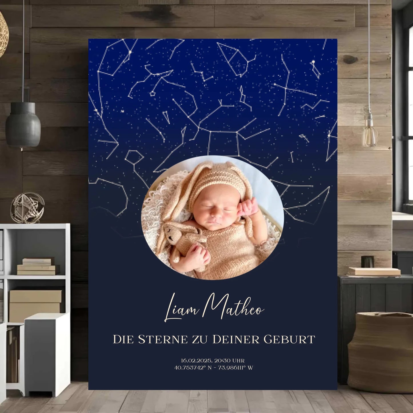 Personalisiertes Sternebild für Neugeborene - Sterne am Nachthimmel zur Geburt - Foto und eigene Daten eintragbar - Motiv Druck mit Premium Semi-Glossy Poster - halbglänzend auf nachhaltigem Papier halbglänzend