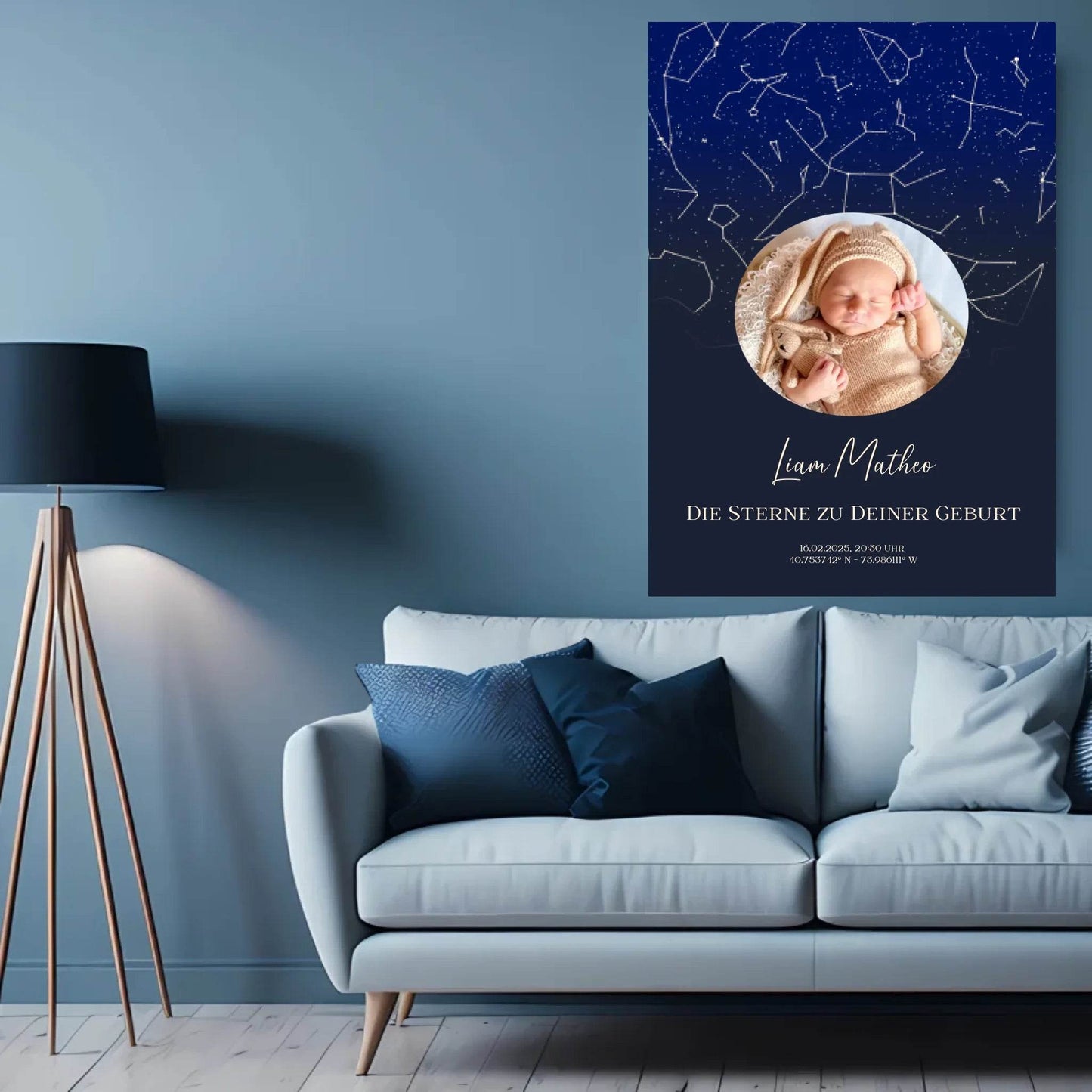 happy-prints.eu - Personalisiertes Sternebild für Neugeborene - Sterne am Nachthimmel zur Geburt - Foto und eigene Daten eintragbar