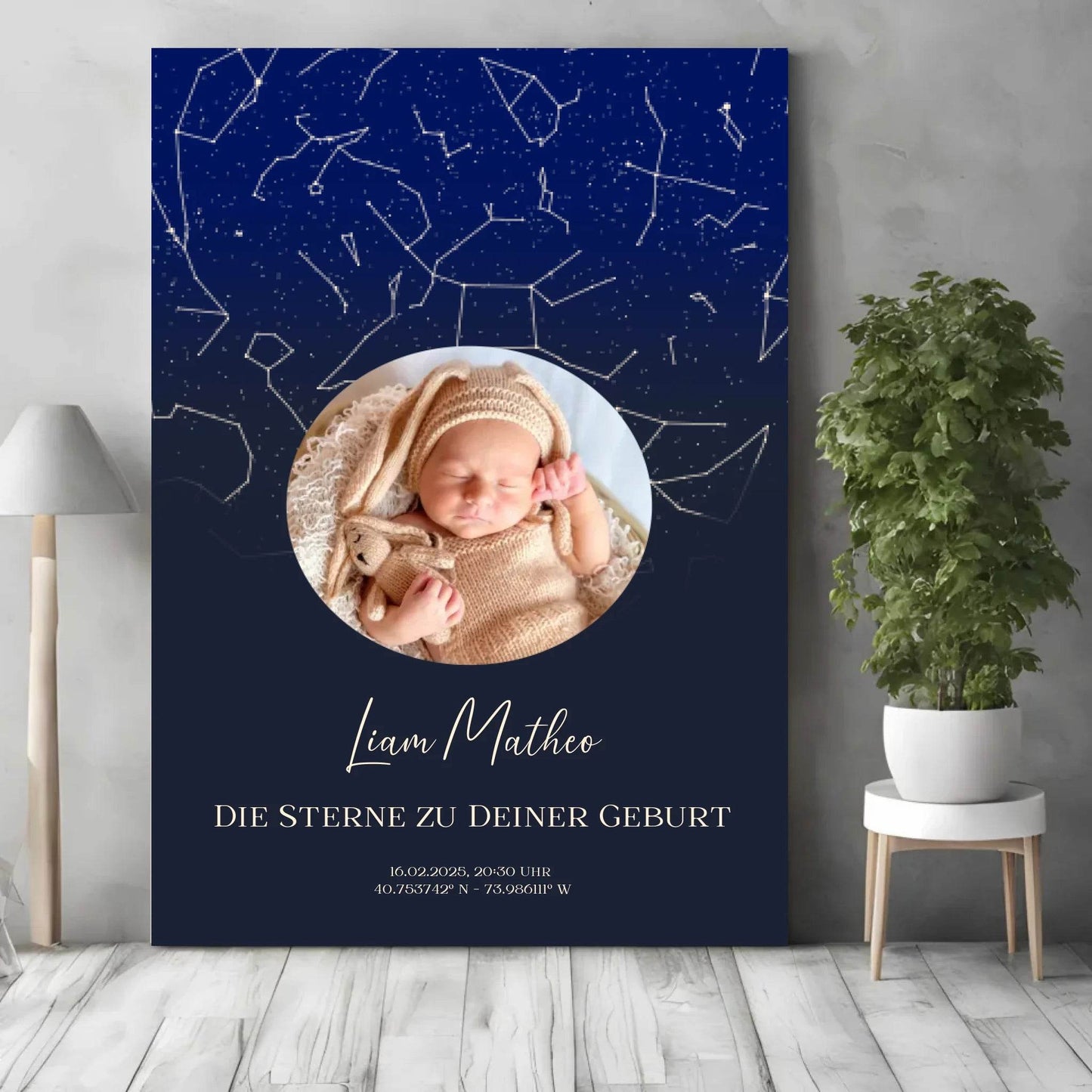 happy-prints.eu - Personalisiertes Sternebild für Neugeborene - Sterne am Nachthimmel zur Geburt - Foto und eigene Daten eintragbar