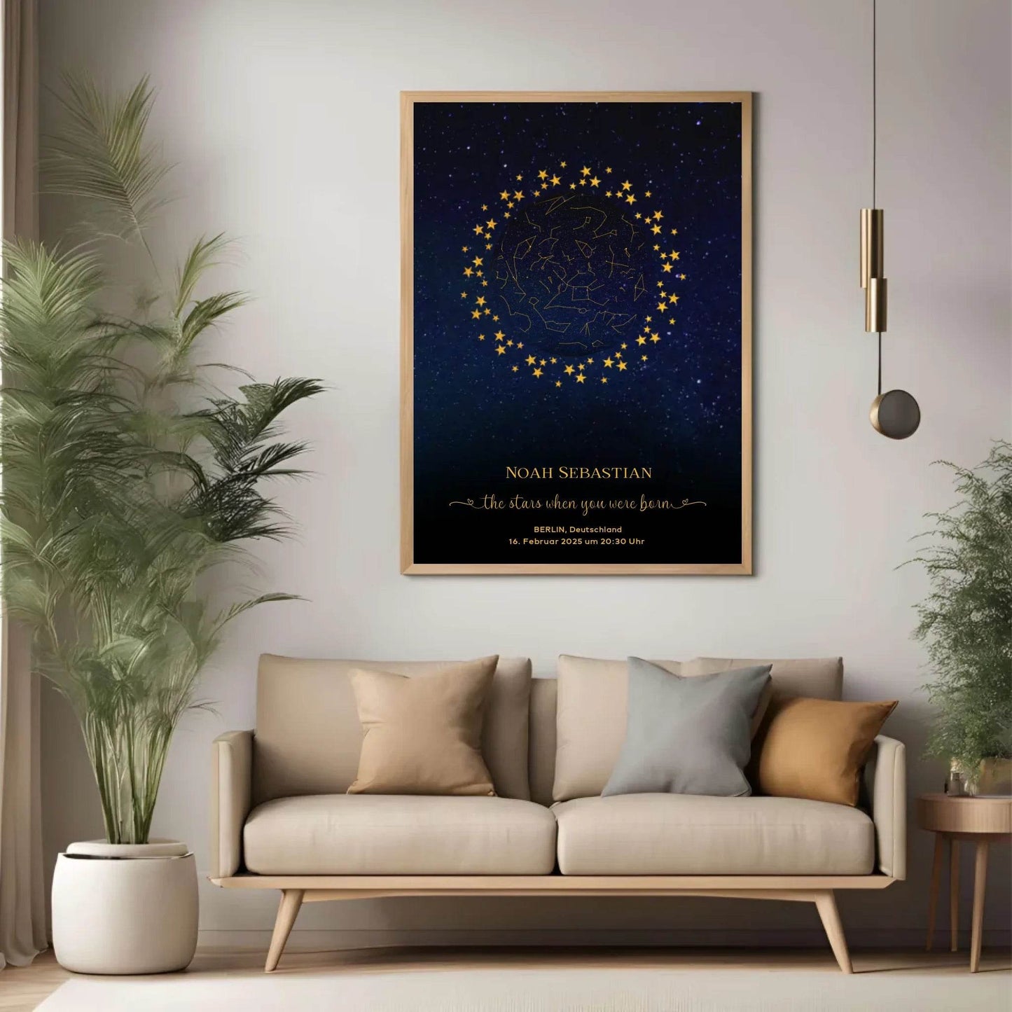 happy-prints.eu - Personalisierte Sternenkarte zur Geburt mit goldene Sterne am Nachthimmel auf blau mit schwarz - Die Sterne als Du geboren wurdest
