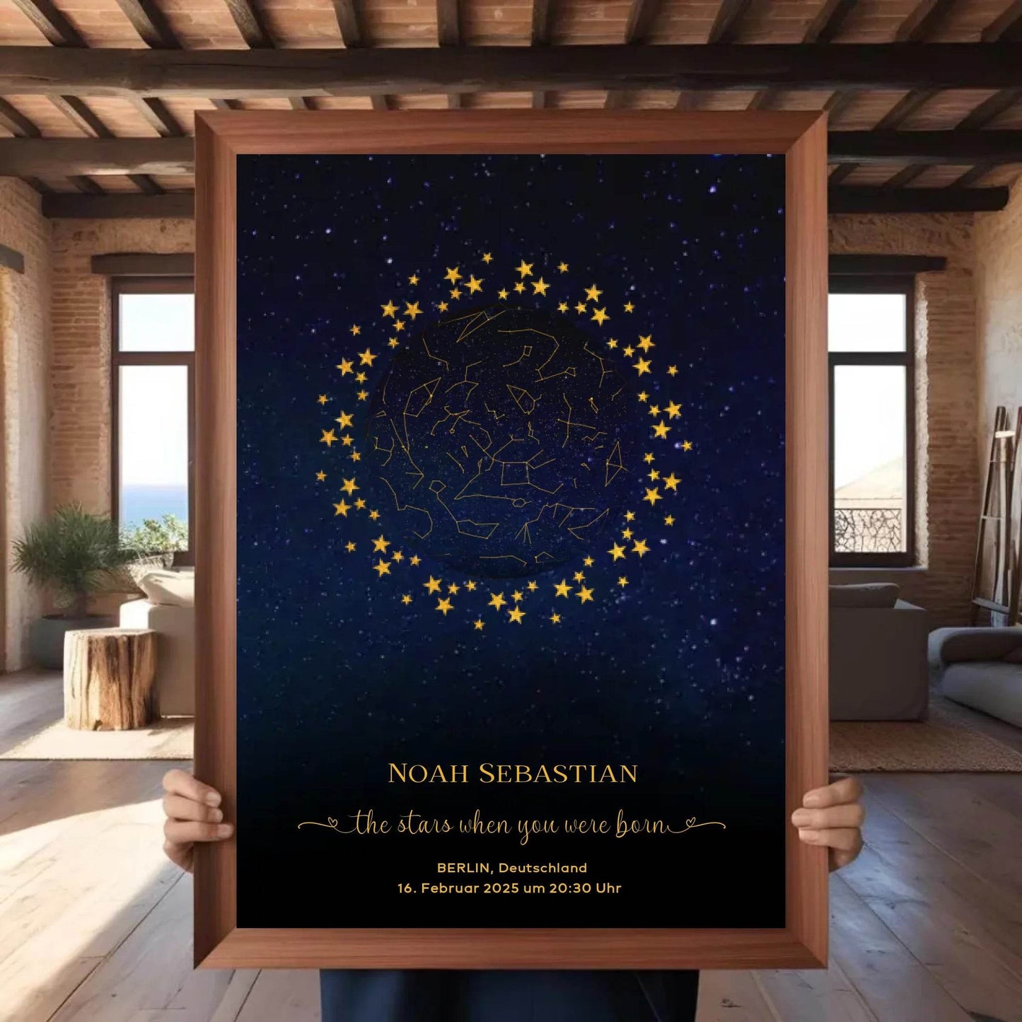 happy-prints.eu - Personalisierte Sternenkarte zur Geburt mit goldene Sterne am Nachthimmel auf blau mit schwarz - Die Sterne als Du geboren wurdest