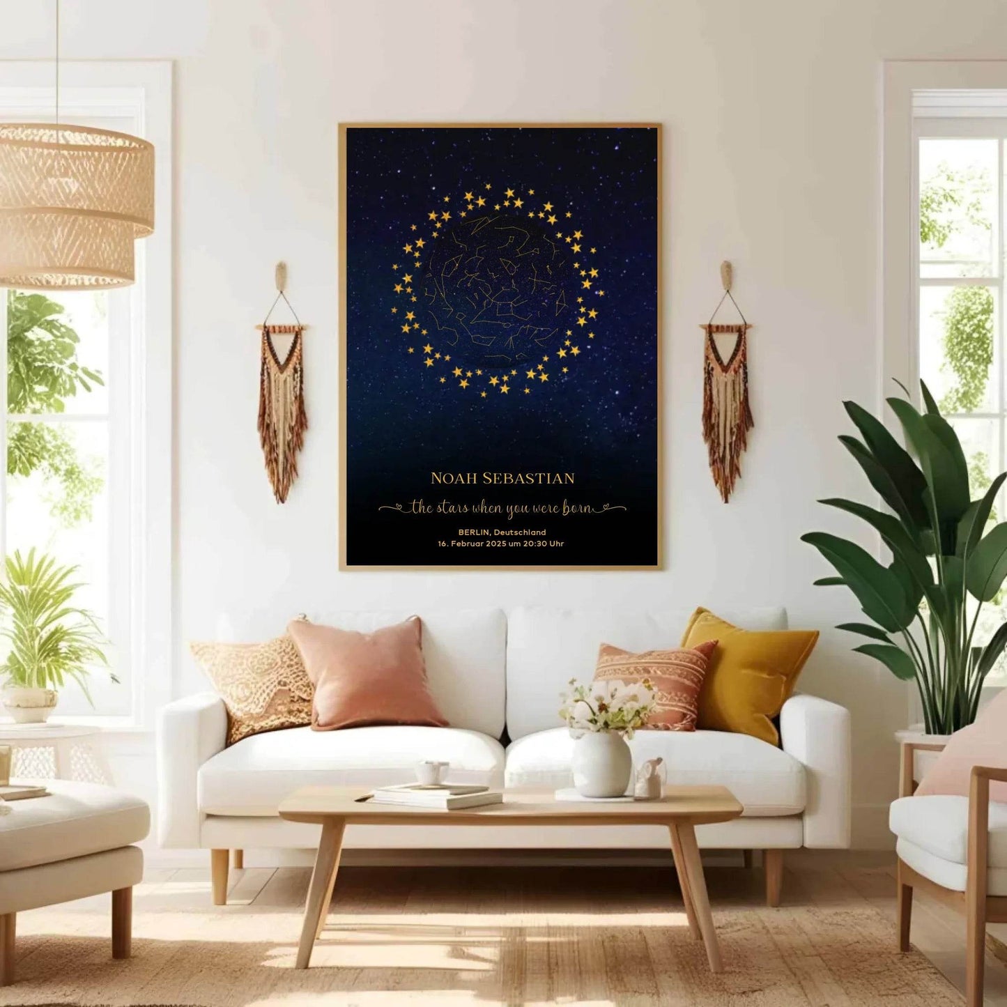 happy-prints.eu - Personalisierte Sternenkarte zur Geburt mit goldene Sterne am Nachthimmel auf blau mit schwarz - Die Sterne als Du geboren wurdest