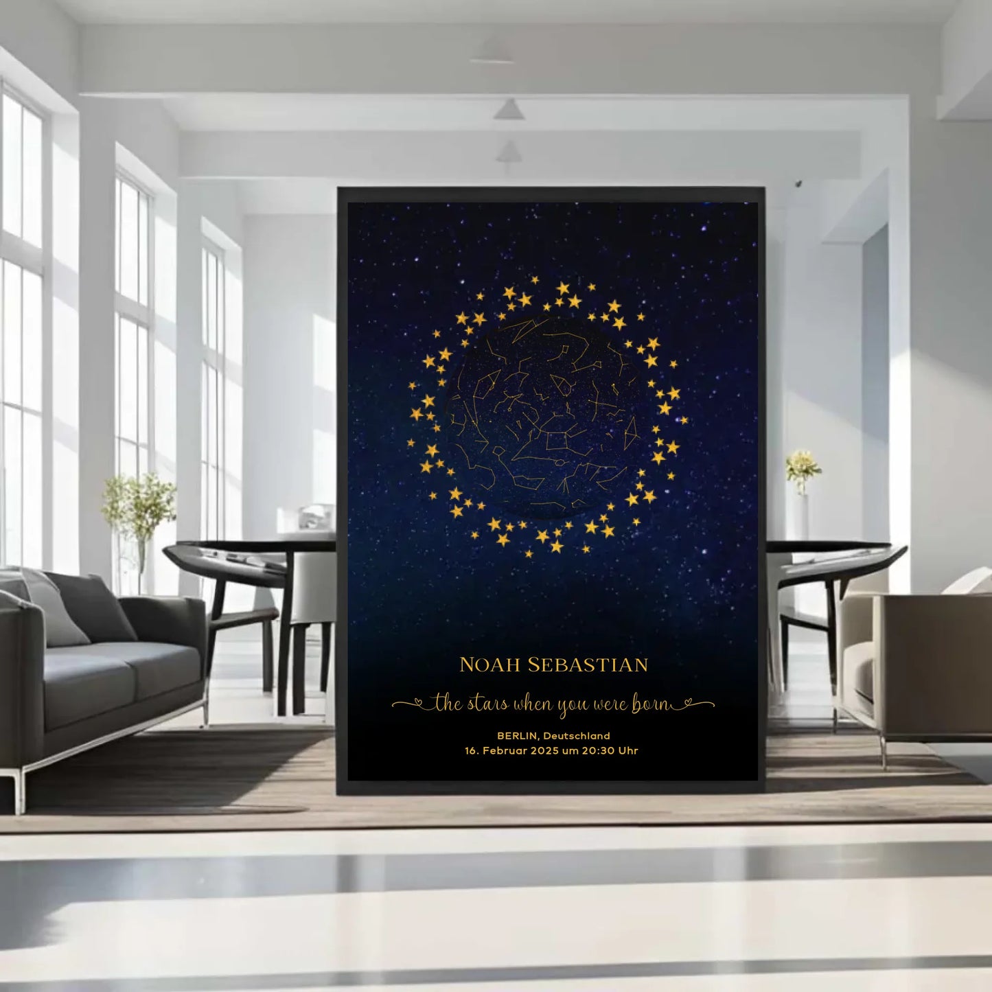 Personalisierte Sternenkarte zur Geburt mit goldene Sterne am Nachthimmel auf blau mit schwarz - Die Sterne als Du geboren wurdest - Motiv Druck mit Premium Semi-Glossy Poster - halbglänzend auf nachhaltigem Papier halbglänzend