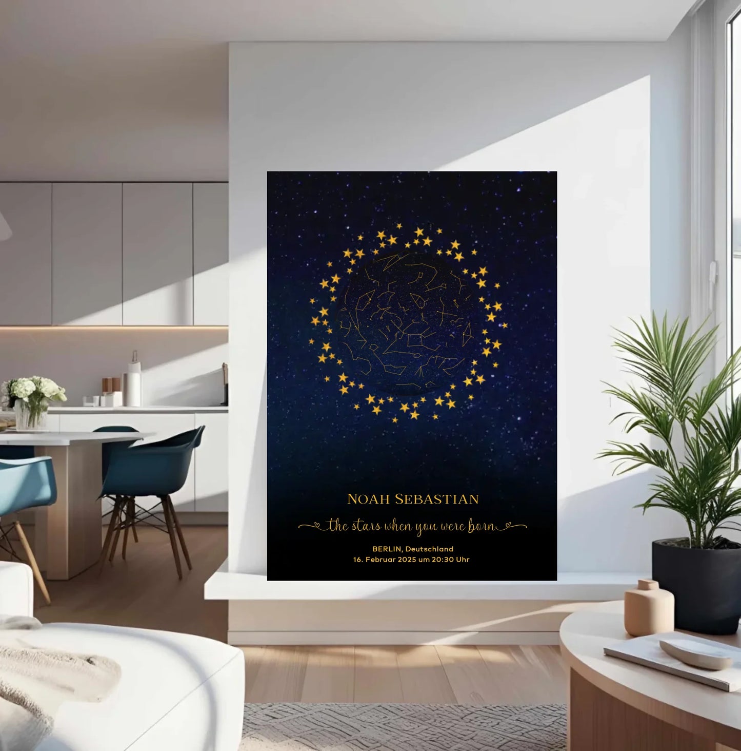 Personalisierte Sternenkarte zur Geburt mit goldene Sterne am Nachthimmel auf blau mit schwarz - Die Sterne als Du geboren wurdest -