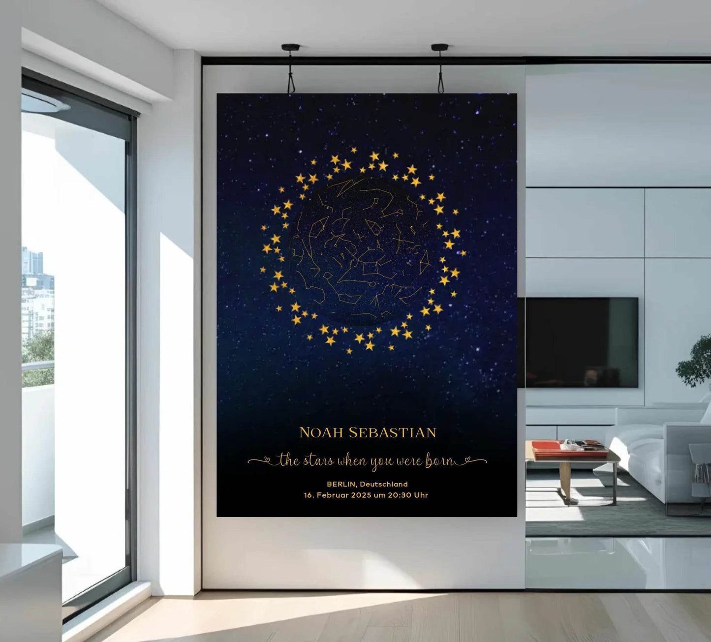 happy-prints.eu - Personalisierte Sternenkarte zur Geburt mit goldene Sterne am Nachthimmel auf blau mit schwarz - Die Sterne als Du geboren wurdest