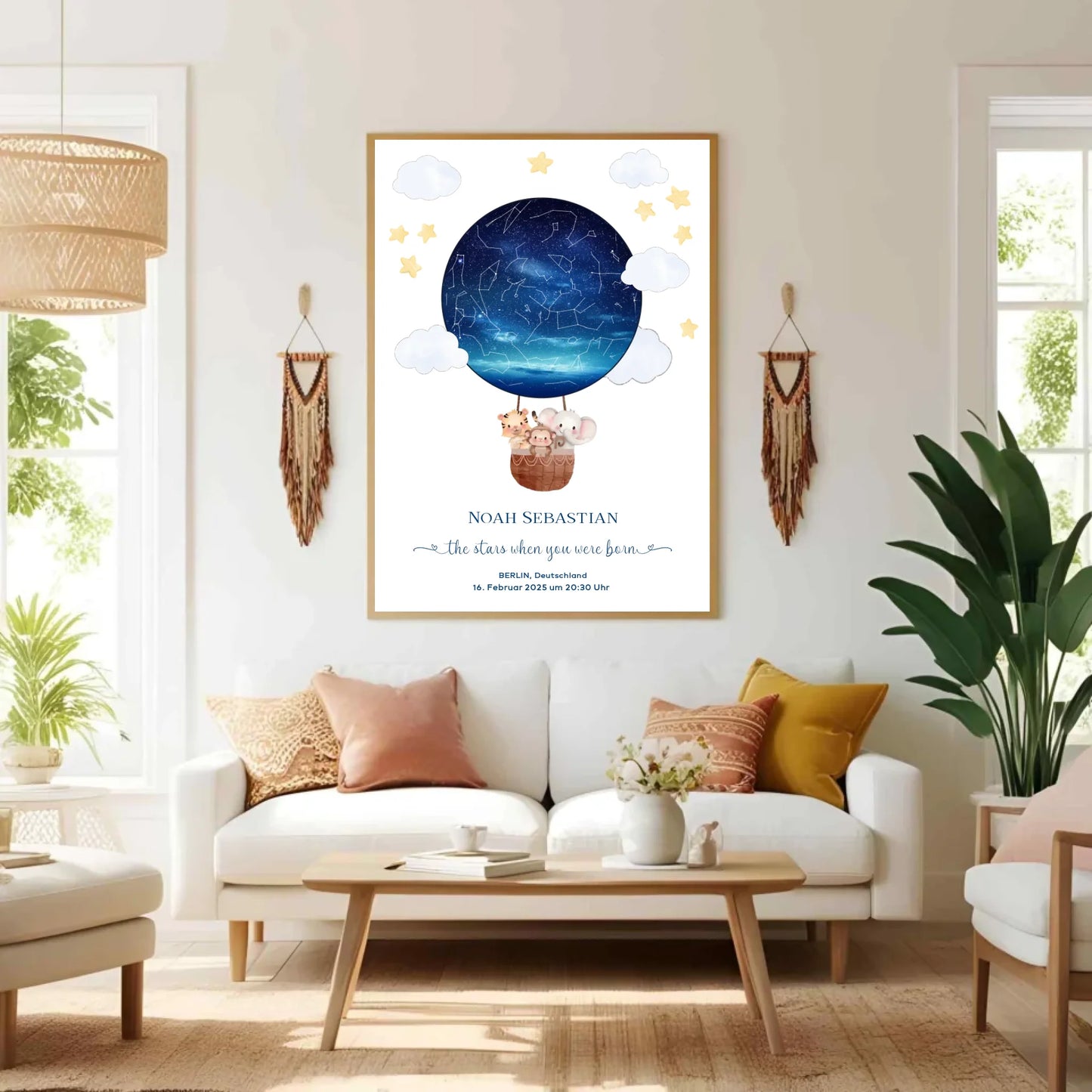 Personalisiertes Sternenbild mit Tiere im Heißluftballon - Geschenk für ein Baby zur Geburt -