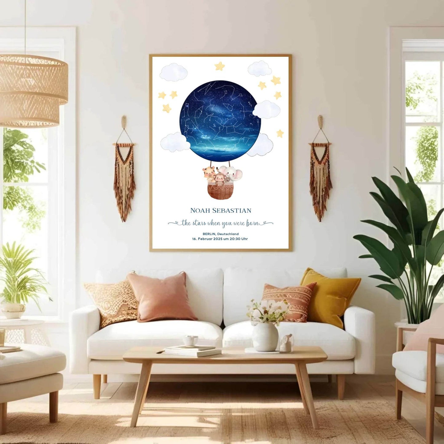 happy-prints.eu - Personalisiertes Sternenbild mit Tiere im Heißluftballon - Geschenk für ein Baby zur Geburt