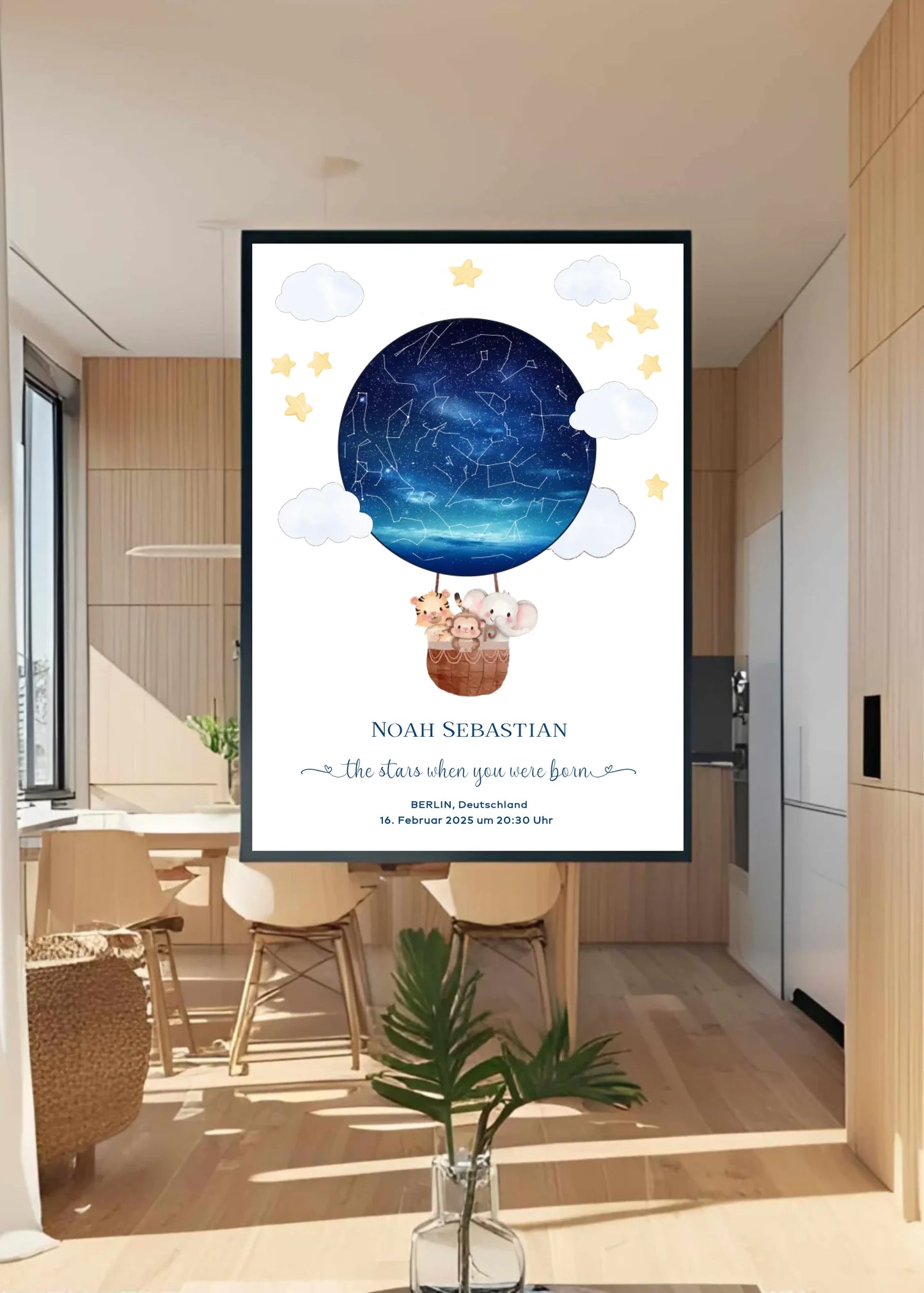 Personalisiertes Sternenbild mit Tiere im Heißluftballon - Geschenk für ein Baby zur Geburt -
