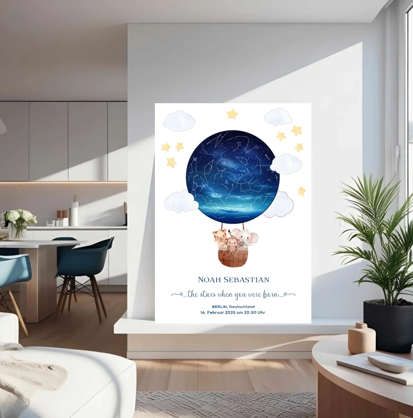 Personalisiertes Sternenbild mit Tiere im Heißluftballon - Geschenk für ein Baby zur Geburt -