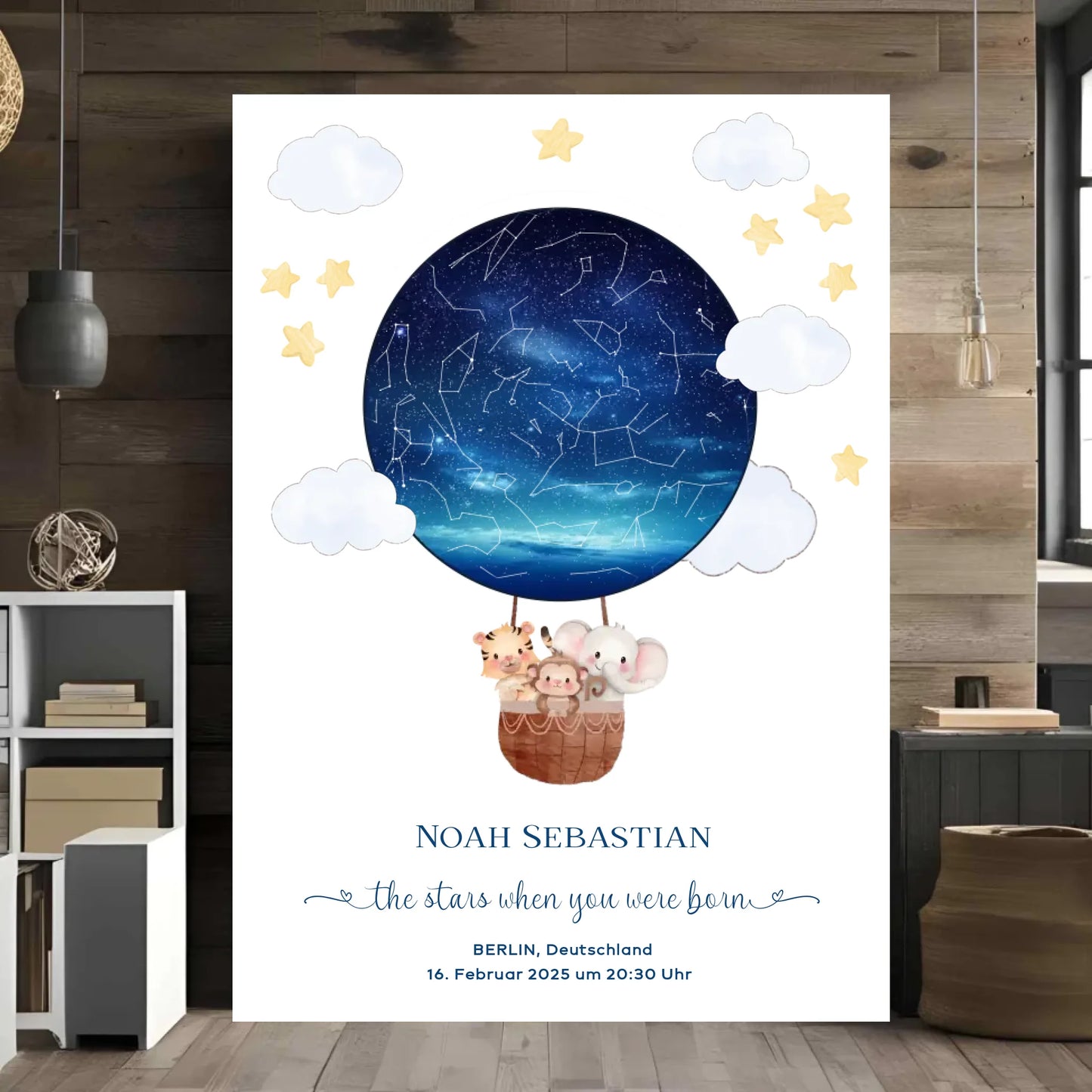 Personalisiertes Sternenbild mit Tiere im Heißluftballon - Geschenk für ein Baby zur Geburt - Motiv Druck mit Premium Semi-Glossy Poster - halbglänzend auf nachhaltigem Papier halbglänzend