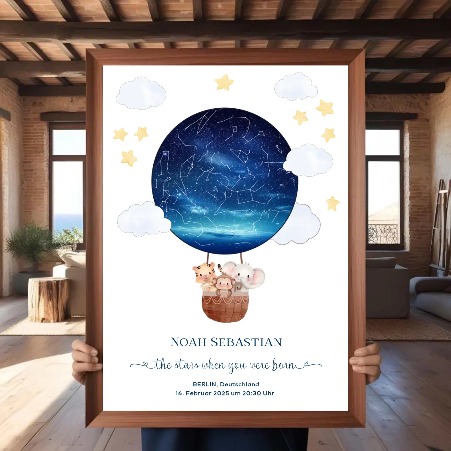 Personalisiertes Sternenbild mit Tiere im Heißluftballon - Geschenk für ein Baby zur Geburt - Personalisierte Karte als digitale Datei PDF Druckerpapier