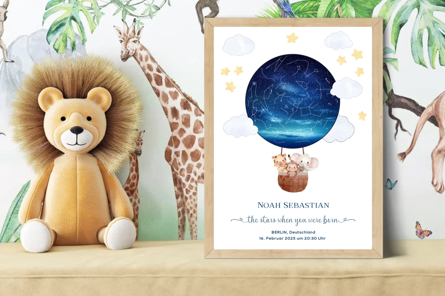 Personalisiertes Sternenbild mit Tiere im Heißluftballon - Geschenk für ein Baby zur Geburt -
