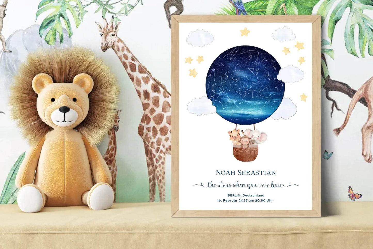 happy-prints.eu - Personalisiertes Sternenbild mit Tiere im Heißluftballon - Geschenk für ein Baby zur Geburt