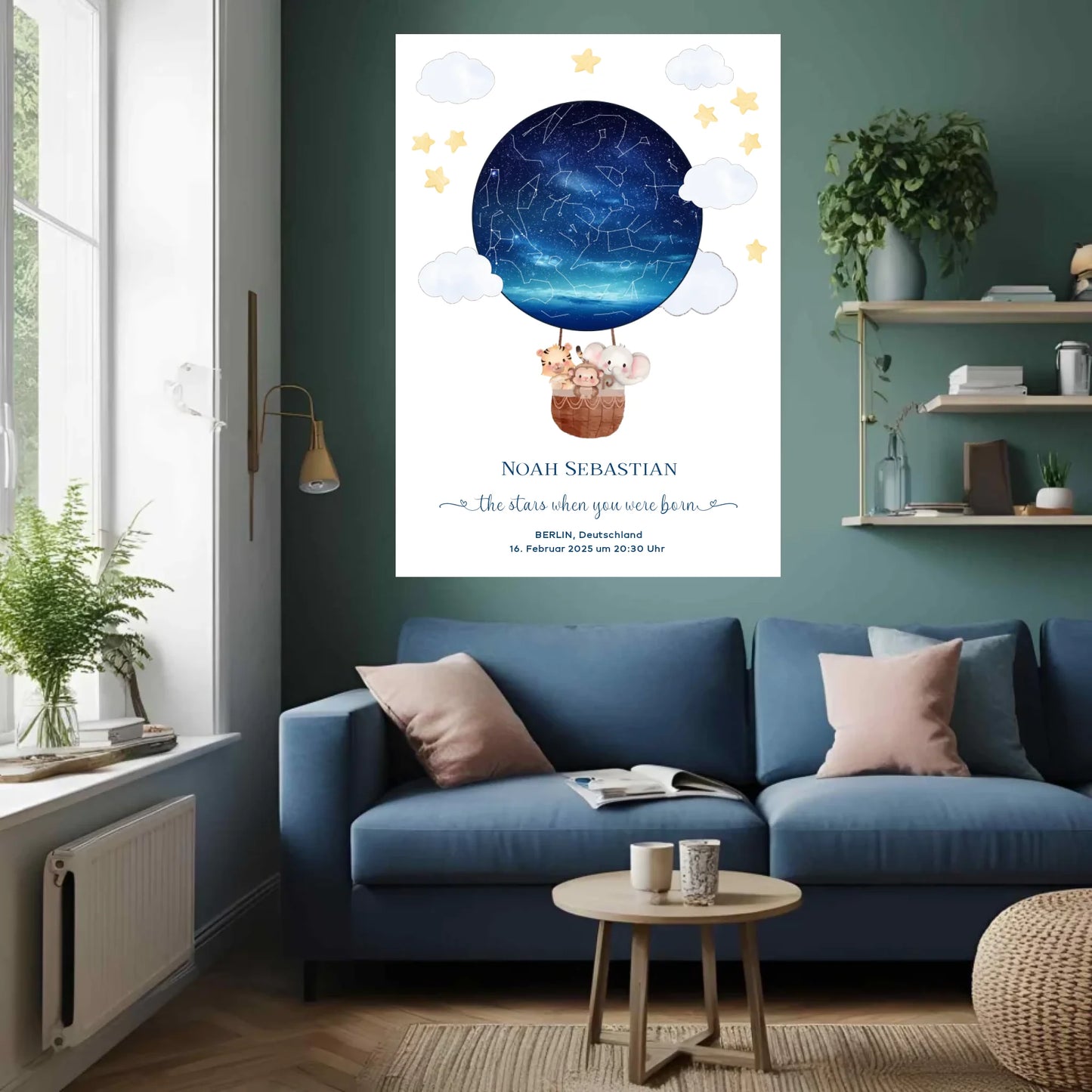 Personalisiertes Sternenbild mit Tiere im Heißluftballon - Geschenk für ein Baby zur Geburt -