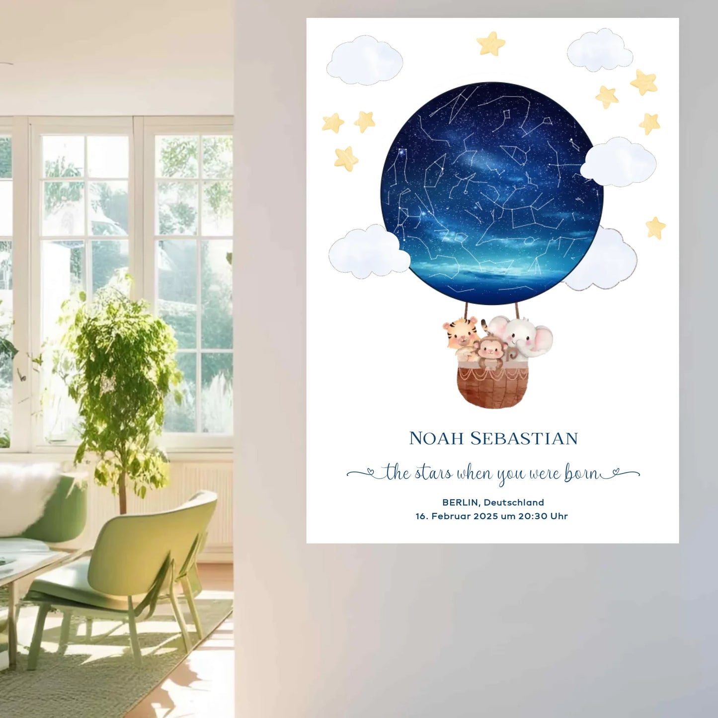 Personalisiertes Sternenbild mit Tiere im Heißluftballon - Geschenk für ein Baby zur Geburt -
