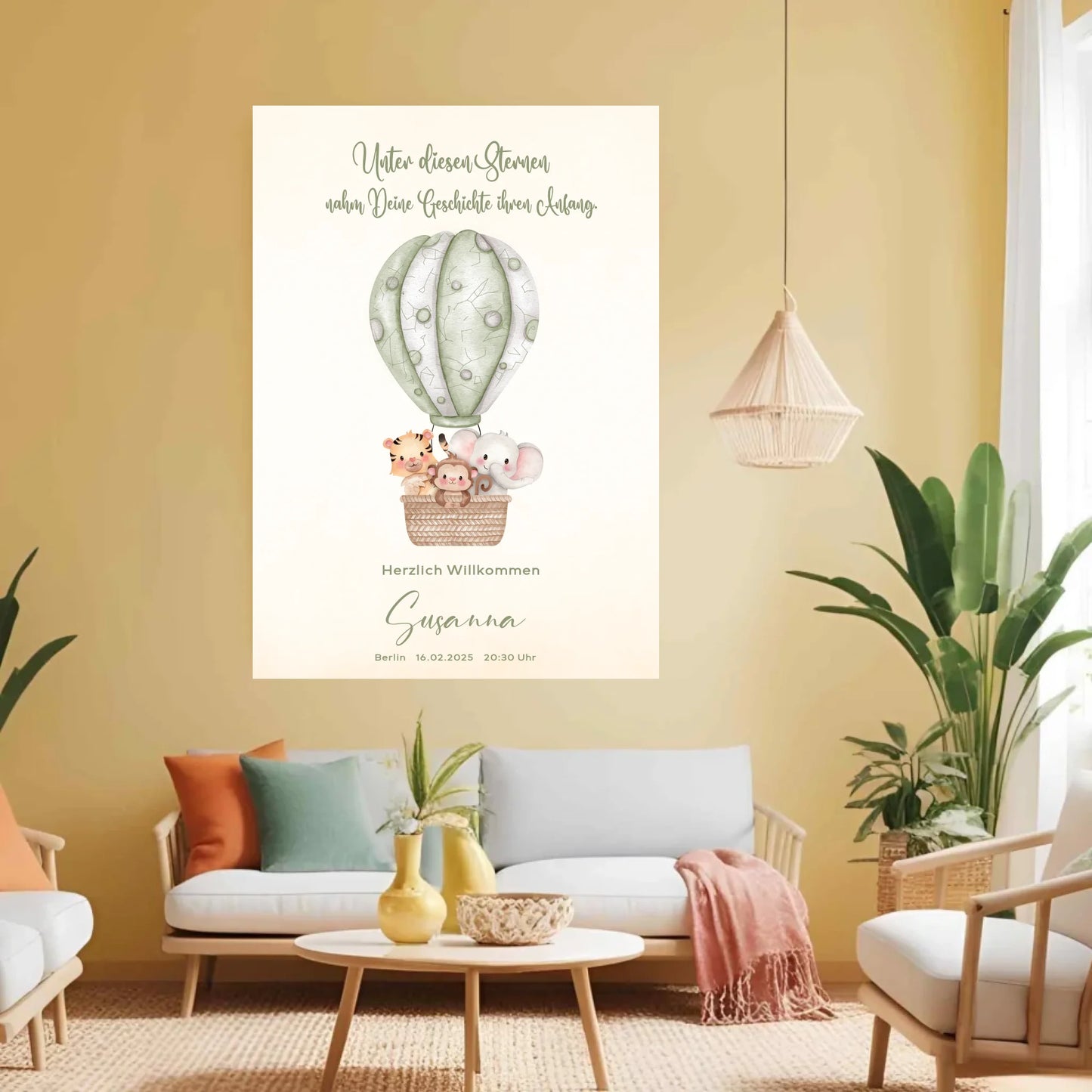 Personalisiertes Sternenbild mit Safari Tiere im grünen Heißluftballon - Motiv Druck mit Premium Semi-Glossy Poster - halbglänzend auf nachhaltigem Papier halbglänzend