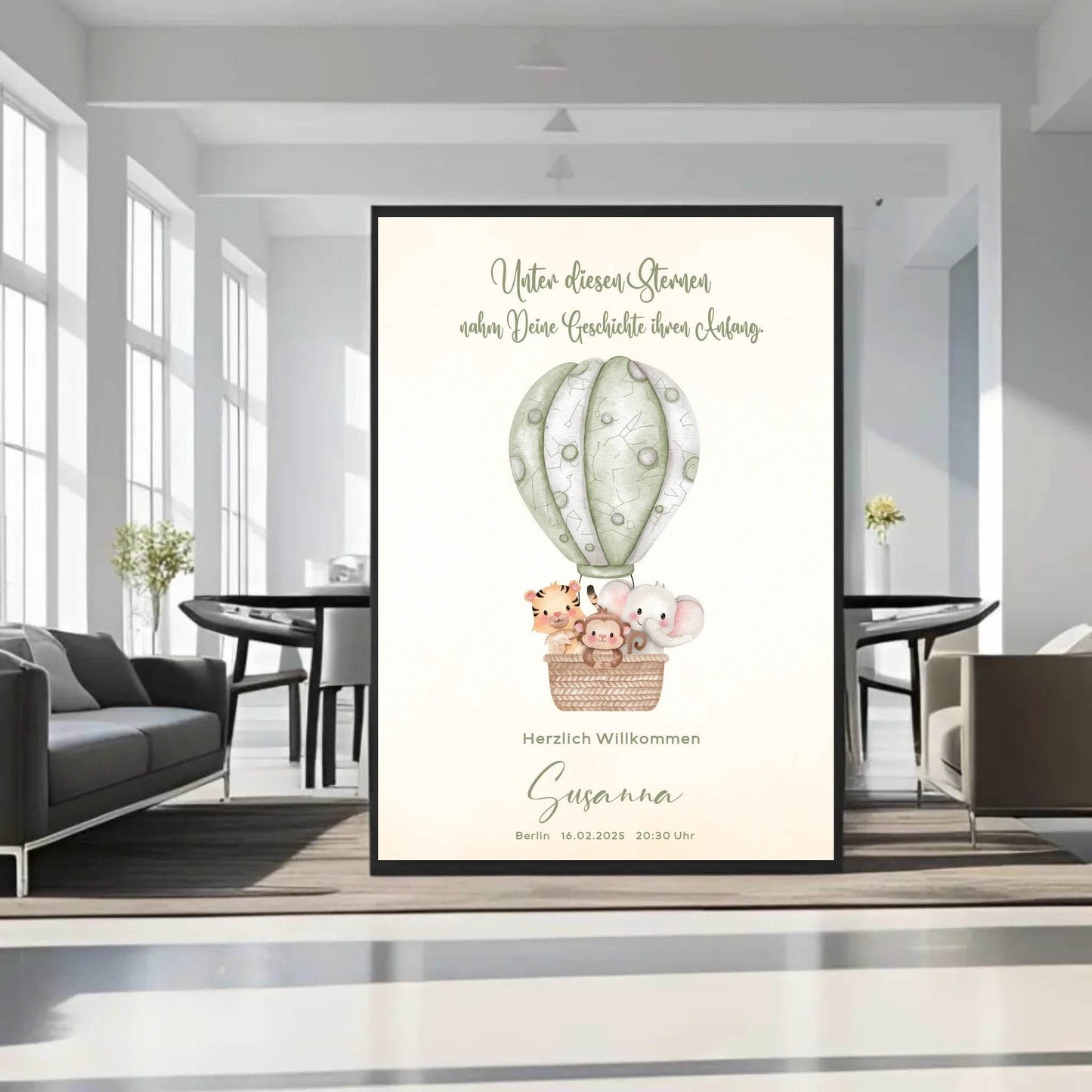 happy-prints.eu - Personalisiertes Sternenbild mit Safari Tiere im grünen Heißluftballon