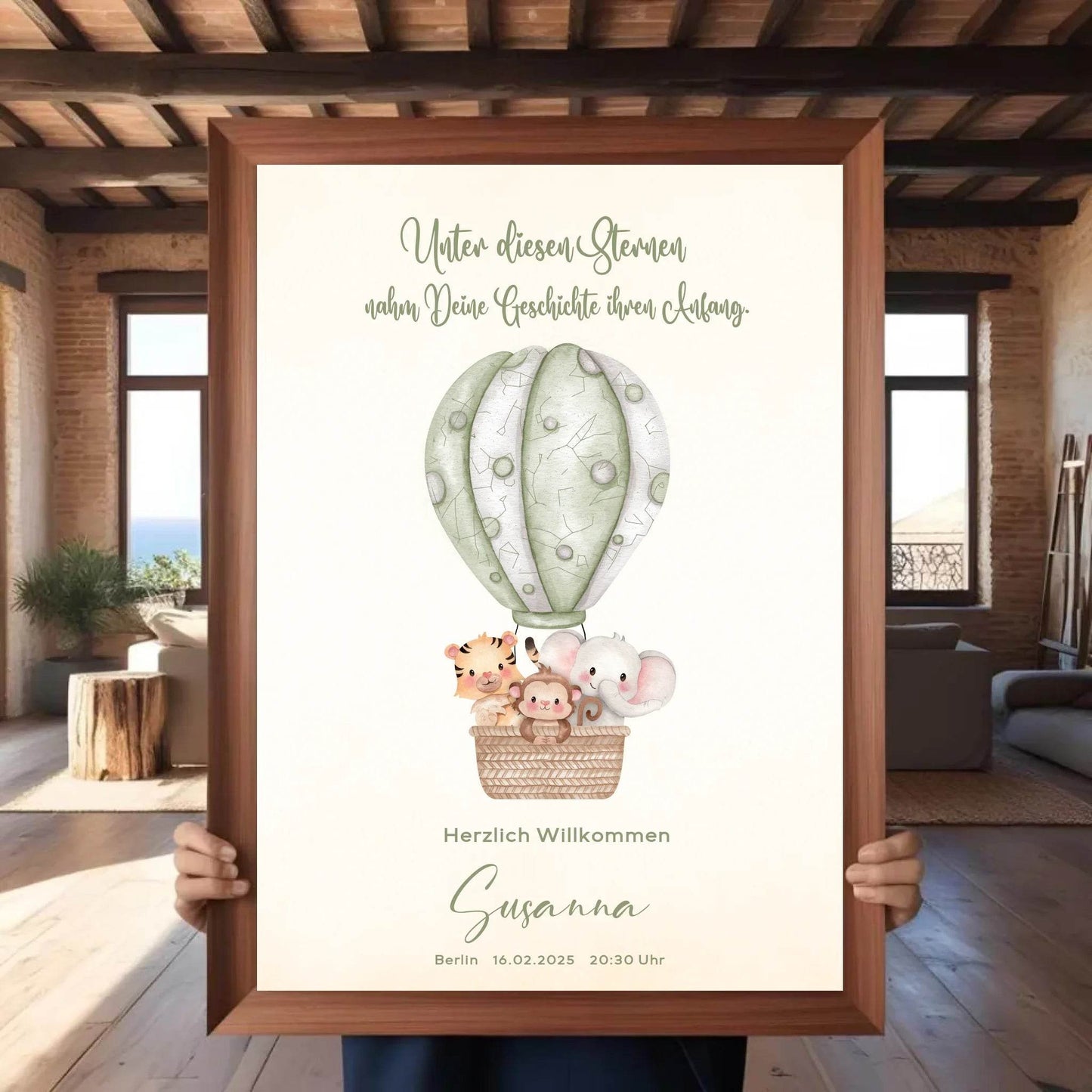 happy-prints.eu - Personalisiertes Sternenbild mit Safari Tiere im grünen Heißluftballon