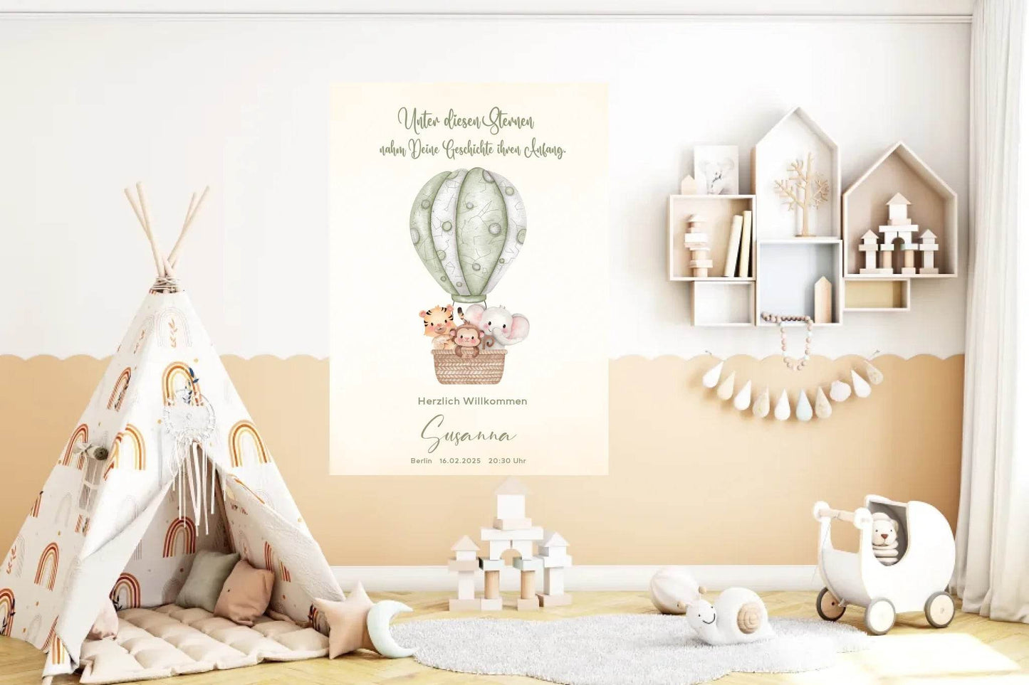 happy-prints.eu - Personalisiertes Sternenbild mit Safari Tiere im grünen Heißluftballon