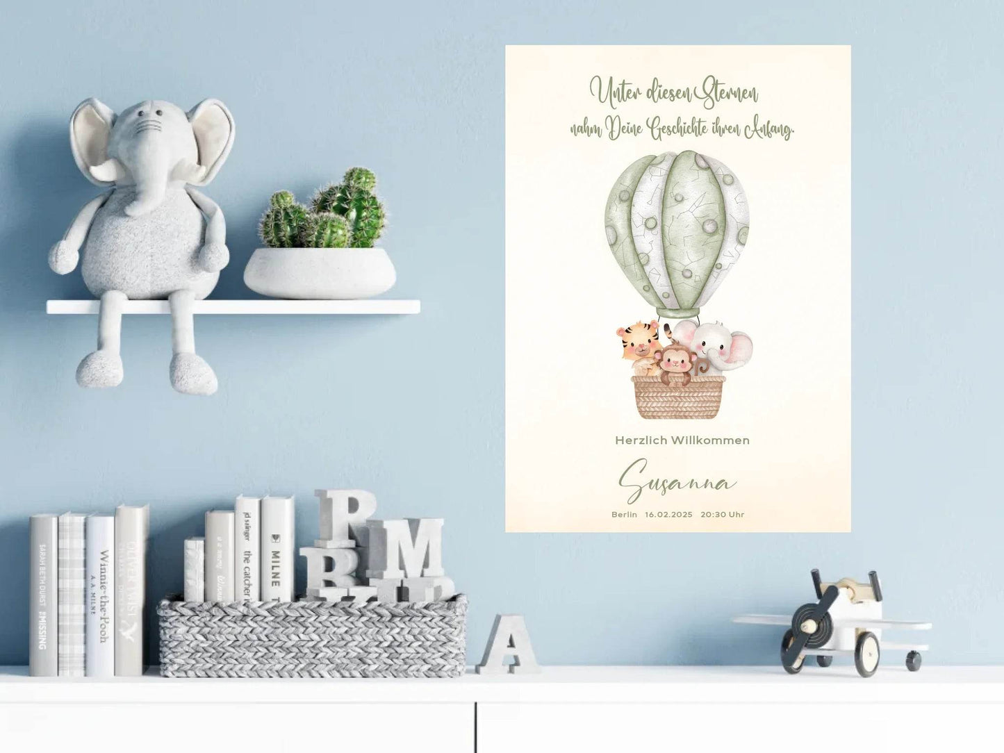 happy-prints.eu - Personalisiertes Sternenbild mit Safari Tiere im grünen Heißluftballon