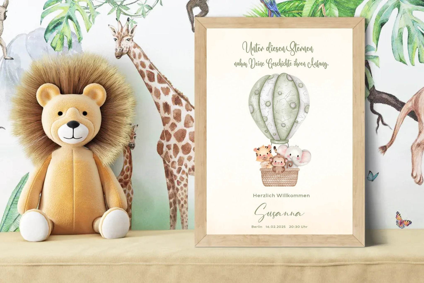 happy-prints.eu - Personalisiertes Sternenbild mit Safari Tiere im grünen Heißluftballon