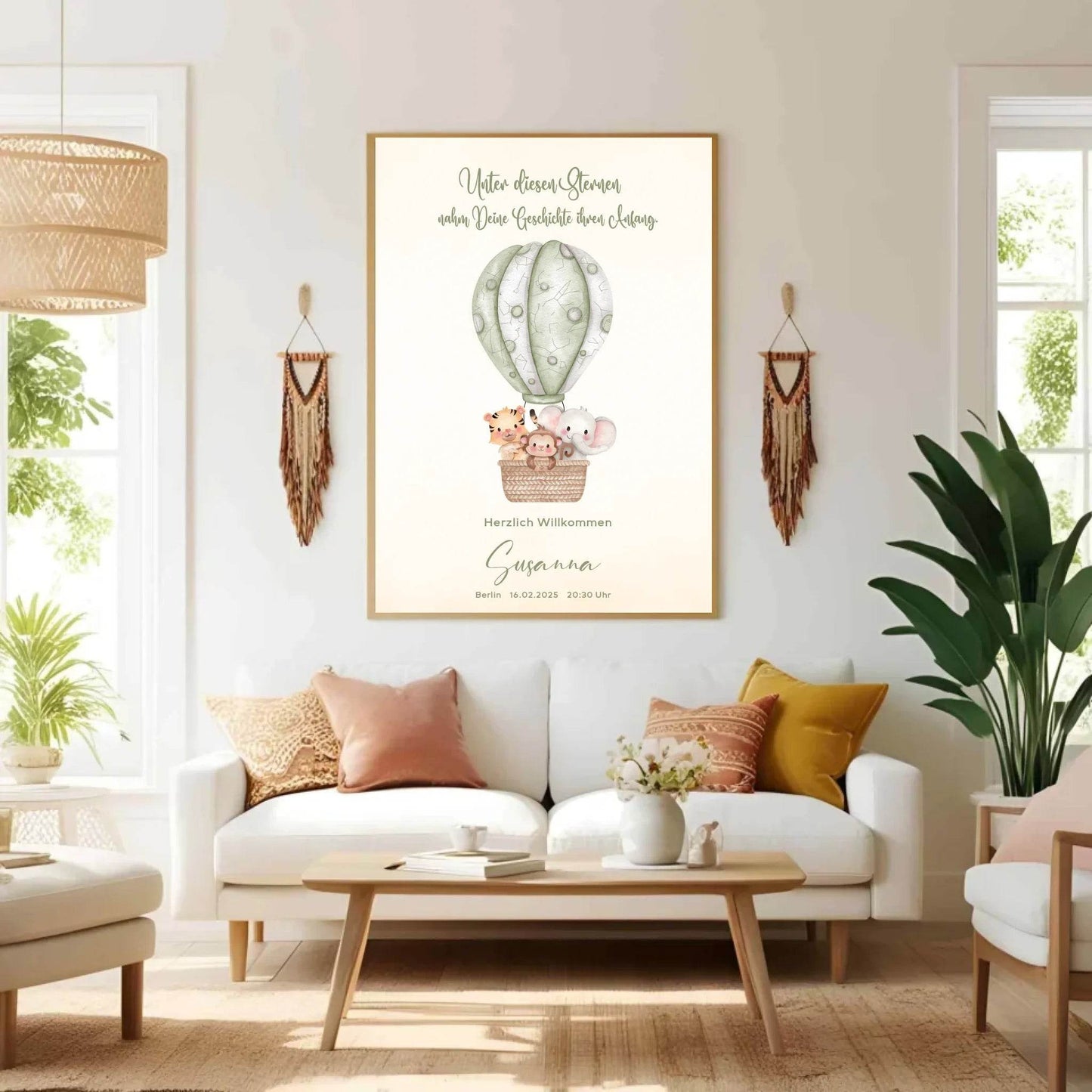 happy-prints.eu - Personalisiertes Sternenbild mit Safari Tiere im grünen Heißluftballon