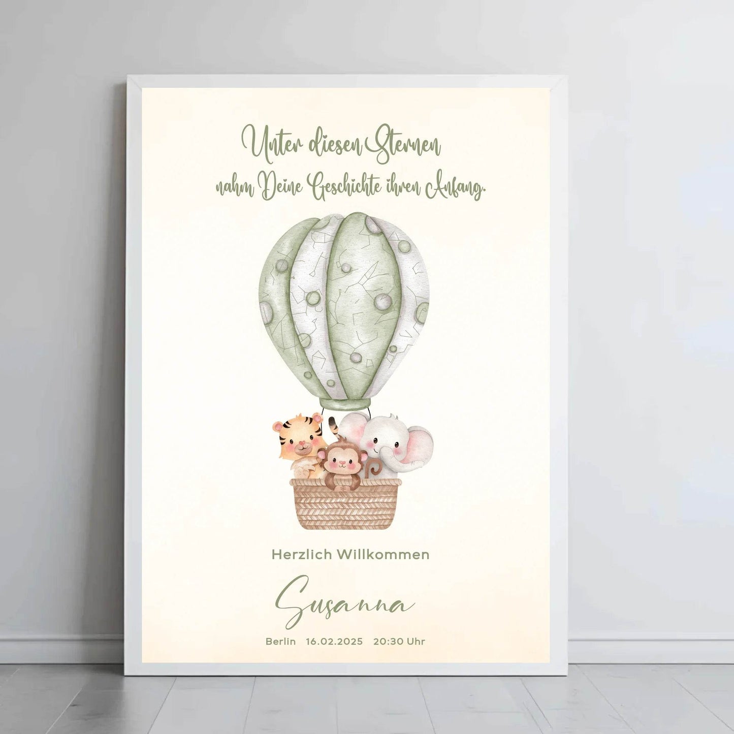 happy-prints.eu - Personalisiertes Sternenbild mit Safari Tiere im grünen Heißluftballon