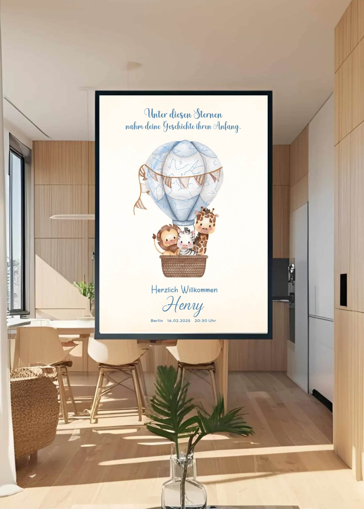 happy-prints.eu - Personalisiertes Sternenbild mit Safari Tiere im Heißluftballon auf beige